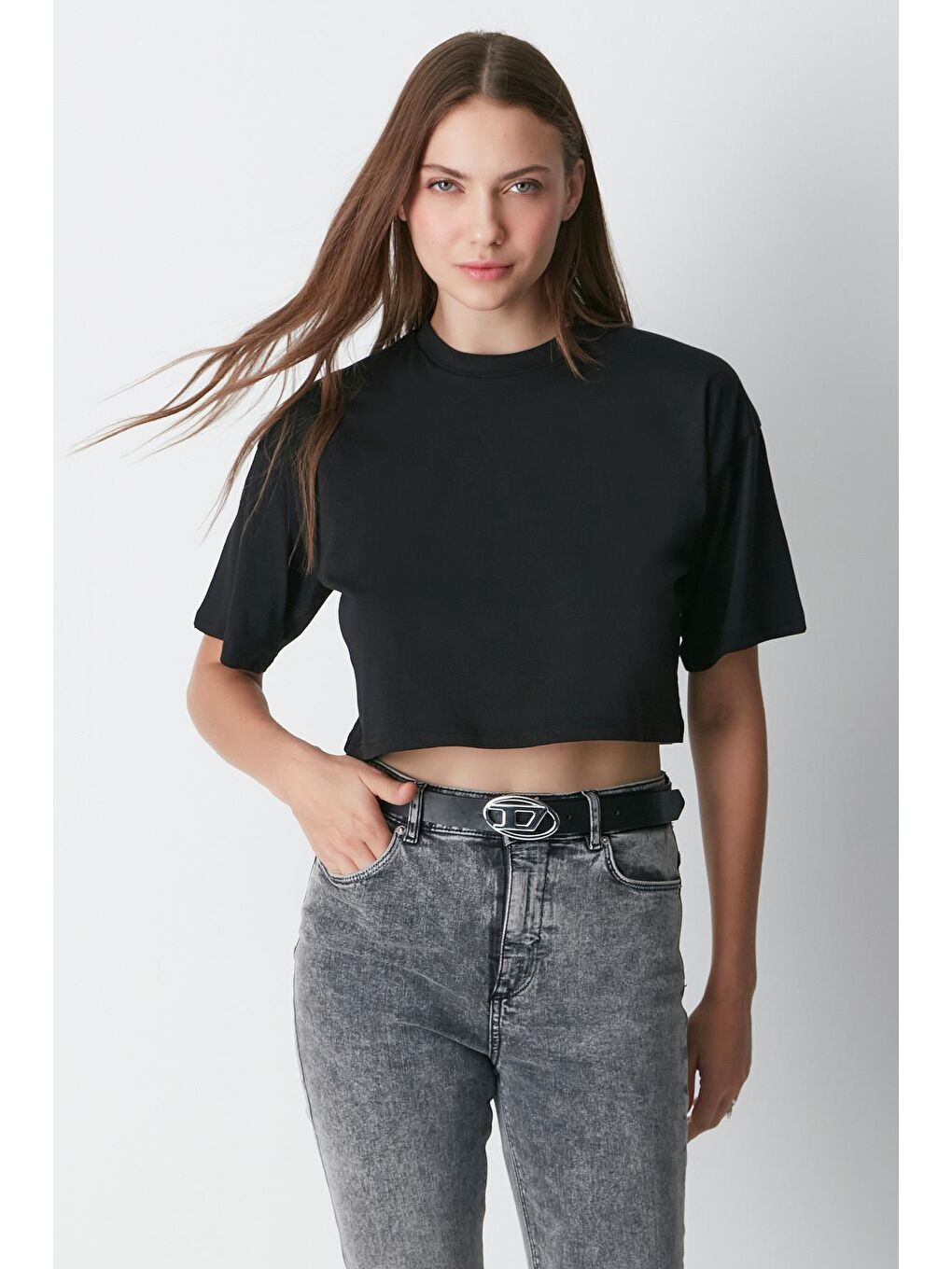 Bisiklet Yaka 2'li Crop T-Shirt 959 Siyah-1