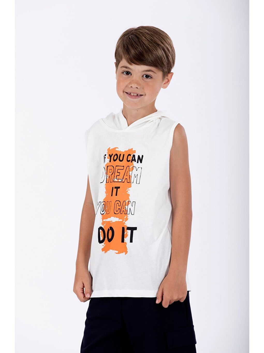 Zepkids Baskılı Kapüşonlu Sıfır Kol Ekru Renk Erkek Çocuk Tshirt