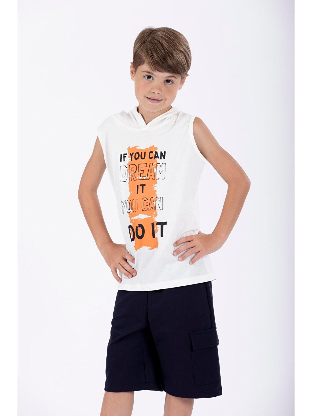 Zepkids Baskılı Kapüşonlu Sıfır Kol Ekru Renk Erkek Çocuk Tshirt - 2