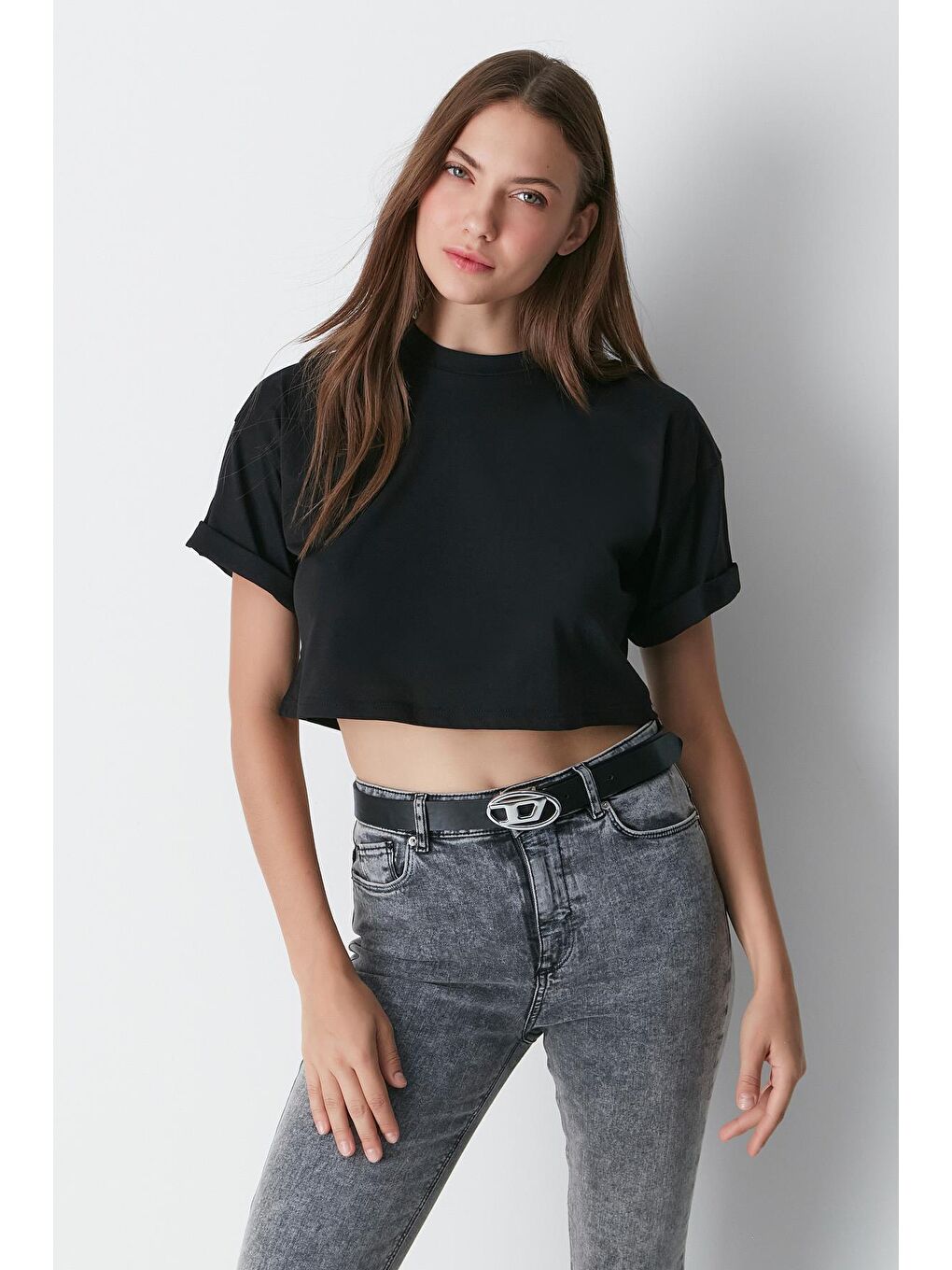 Bisiklet Yaka 2'li Crop T-Shirt 959 Siyah-2