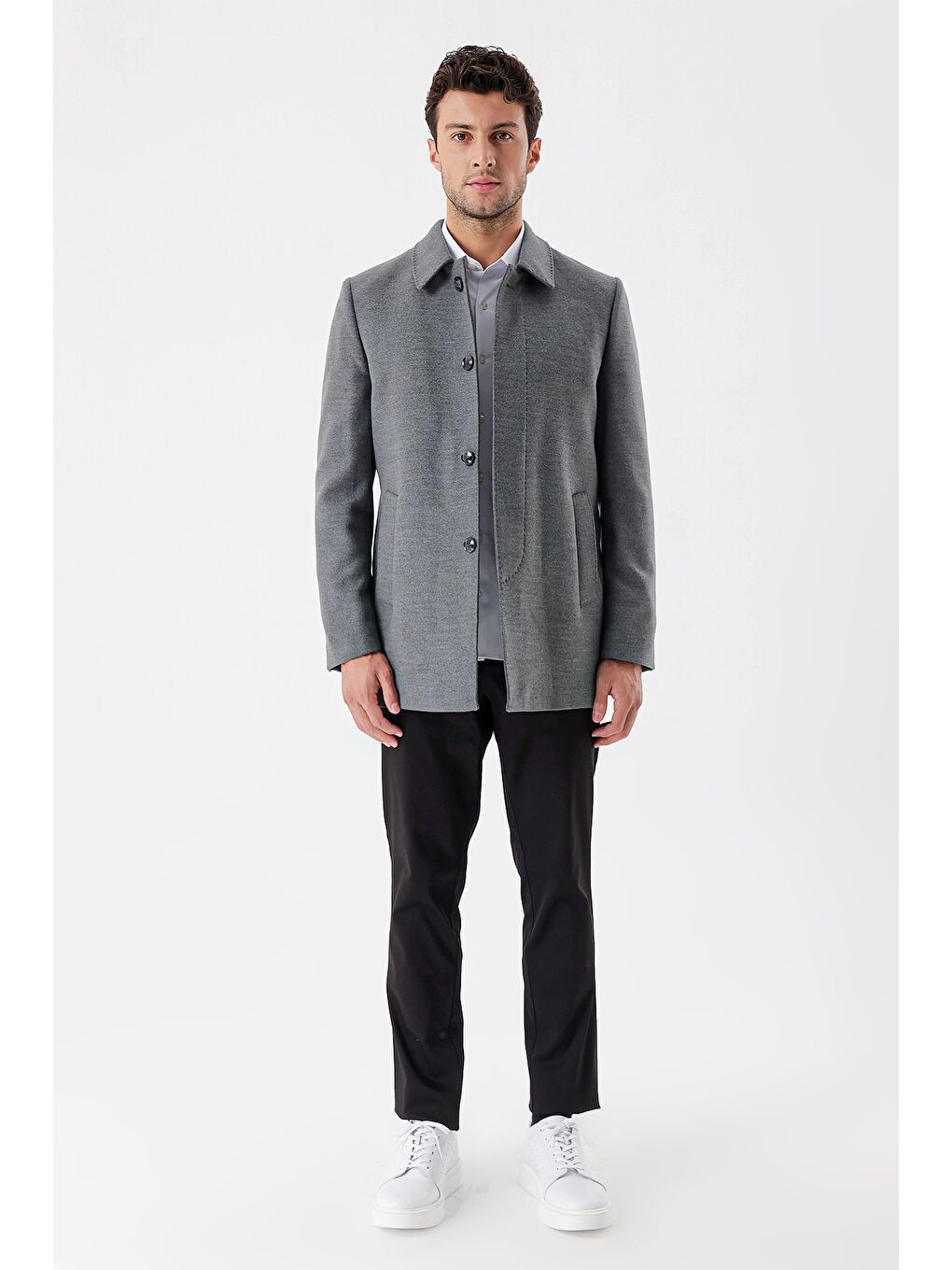 Gri Kaşe Berberi Yaka Kapitoneli Astar Comfort Fit Rahat Kesim Klasik Kaban 1008235161-1