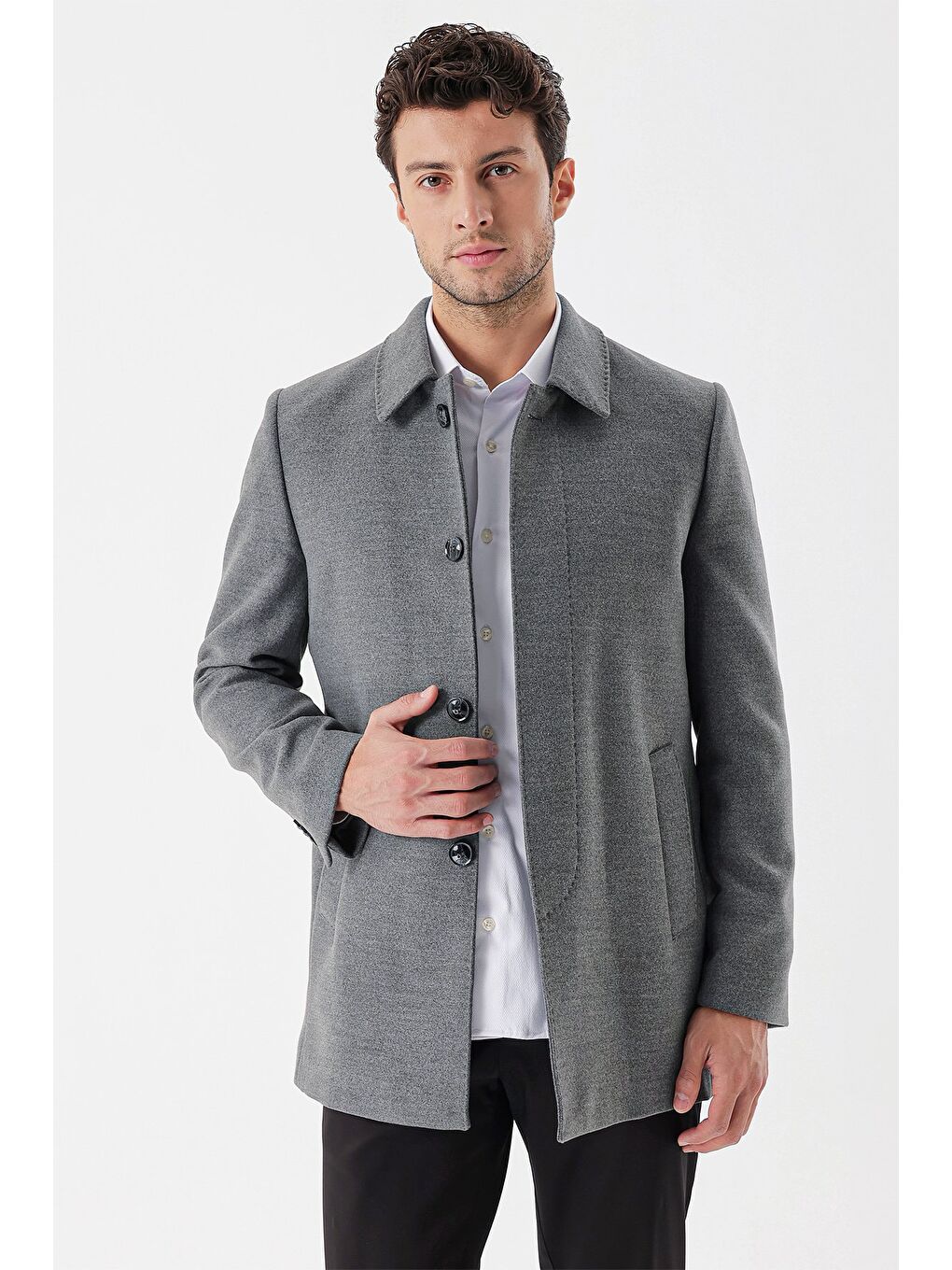 Gri Kaşe Berberi Yaka Kapitoneli Astar Comfort Fit Rahat Kesim Klasik Kaban 1008235161-2