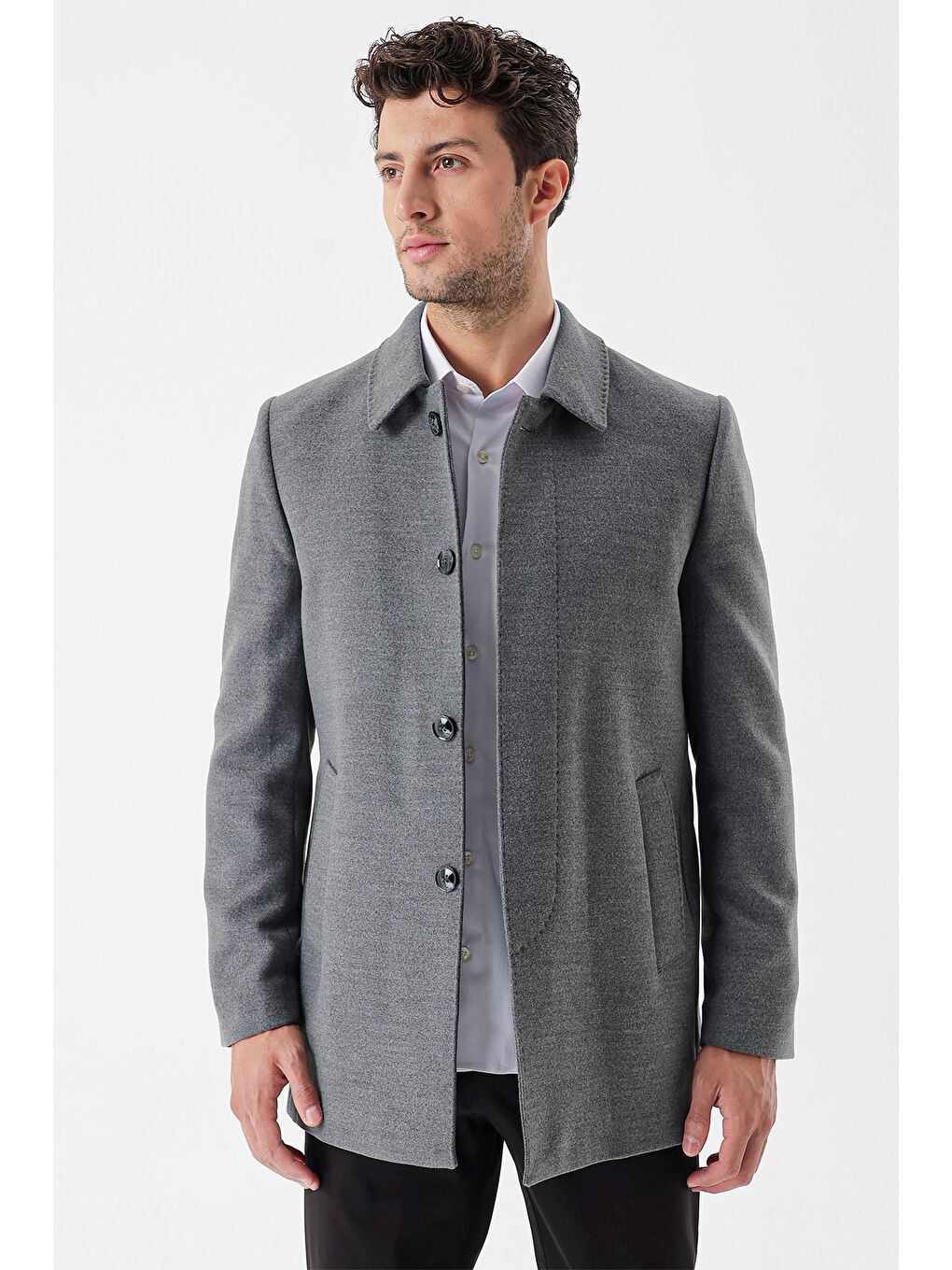 Gri Kaşe Berberi Yaka Kapitoneli Astar Comfort Fit Rahat Kesim Klasik Kaban 1008235161-3