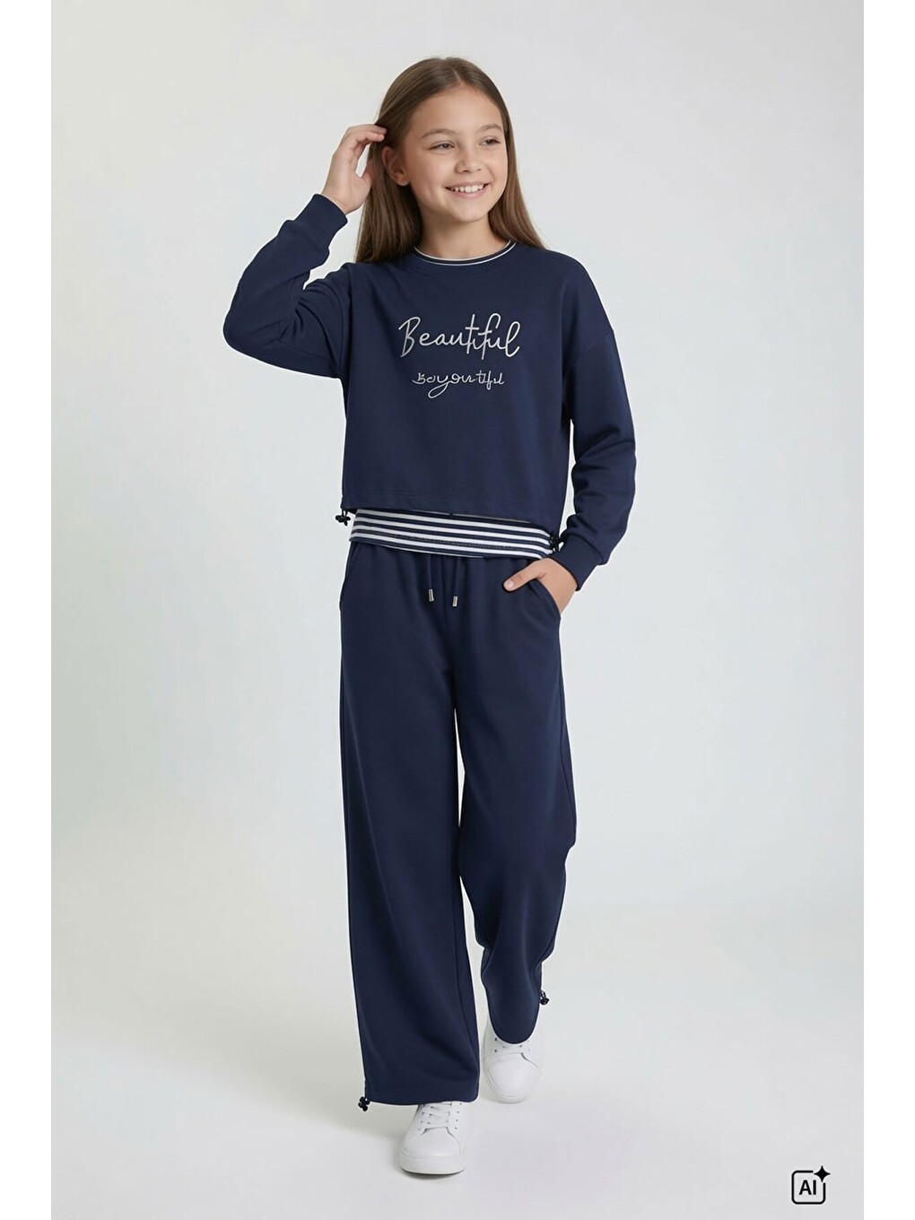 Lacivert Kız Çocuk Çizgili Croplu Sweatshirt 3lü Geniş Paça Eşofman Takımı 24776-1