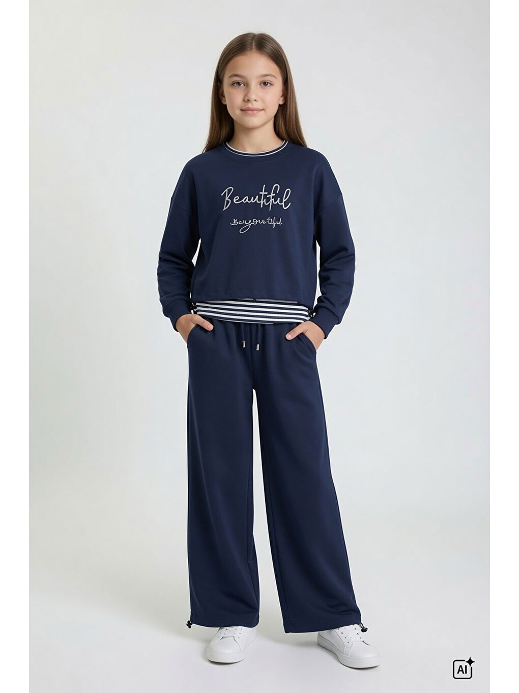 Lacivert Kız Çocuk Çizgili Croplu Sweatshirt 3lü Geniş Paça Eşofman Takımı 24776-2