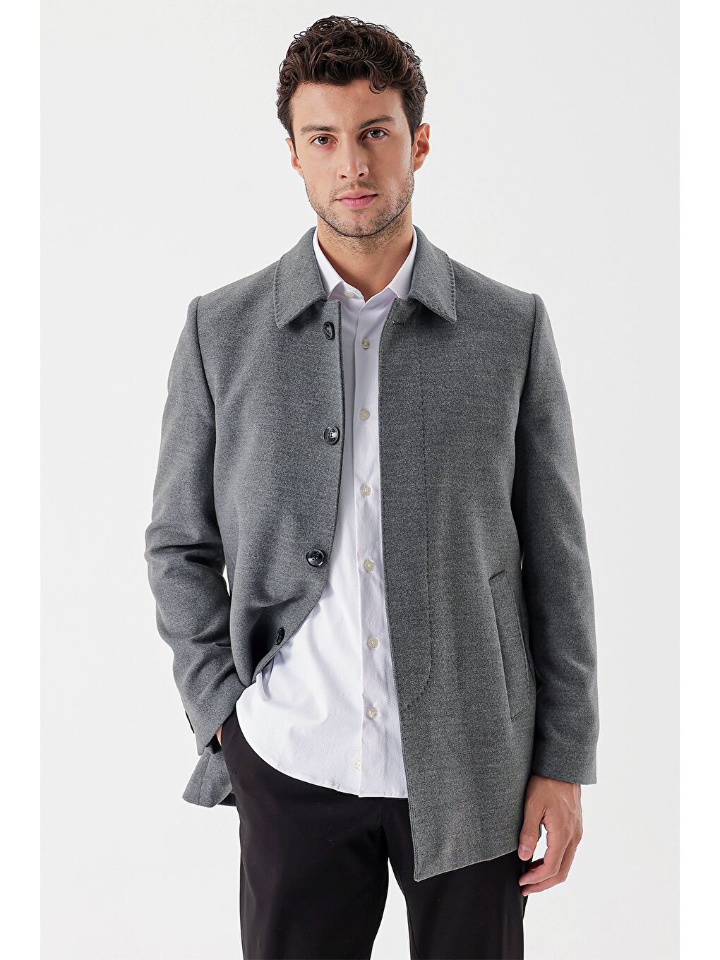 Gri Kaşe Berberi Yaka Kapitoneli Astar Comfort Fit Rahat Kesim Klasik Kaban 1008235161-4