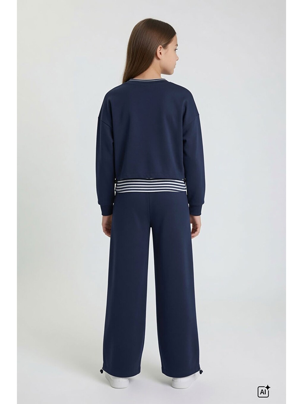 Lacivert Kız Çocuk Çizgili Croplu Sweatshirt 3lü Geniş Paça Eşofman Takımı 24776-4
