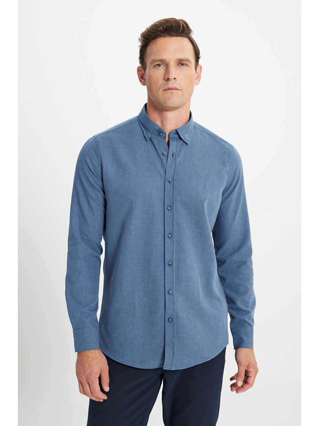 Erkek Lacivert Slim Fit Dar Kesim Düğmeli Yaka Flanel Oduncu Kışlık Gömlek