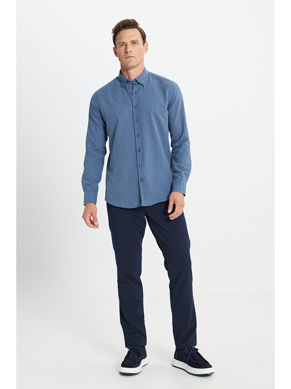 Erkek Lacivert Slim Fit Dar Kesim Düğmeli Yaka Flanel Oduncu Kışlık Gömlek-1