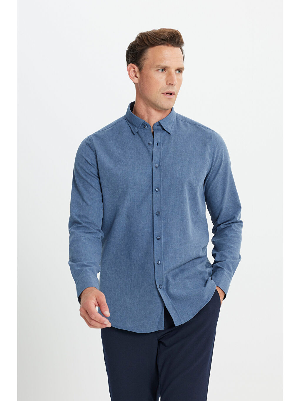 Erkek Lacivert Slim Fit Dar Kesim Düğmeli Yaka Flanel Oduncu Kışlık Gömlek-2