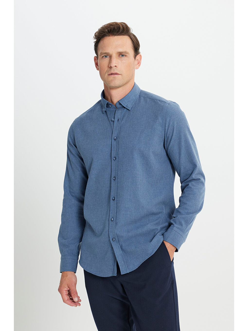 Erkek Lacivert Slim Fit Dar Kesim Düğmeli Yaka Flanel Oduncu Kışlık Gömlek-3