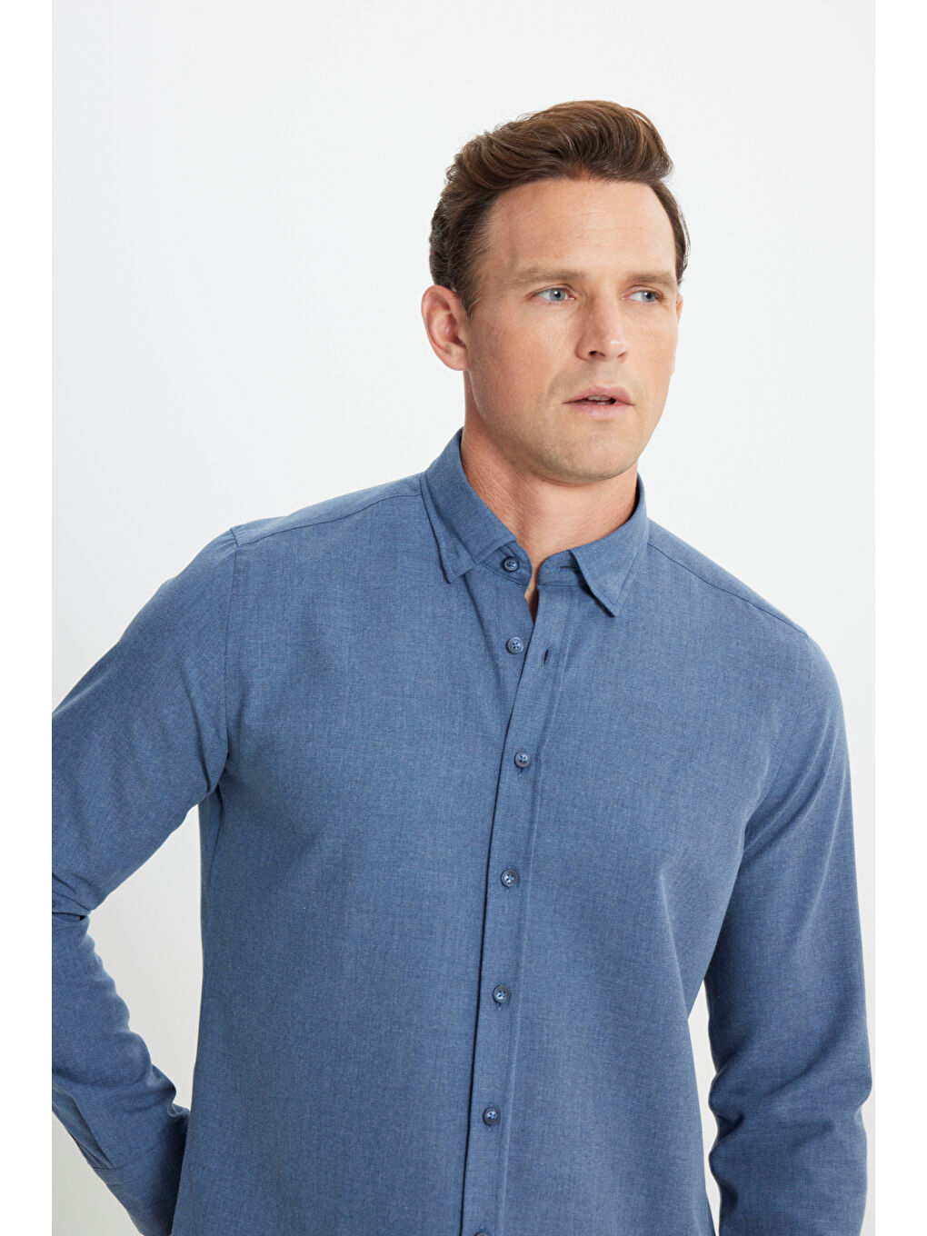 Erkek Lacivert Slim Fit Dar Kesim Düğmeli Yaka Flanel Oduncu Kışlık Gömlek-4