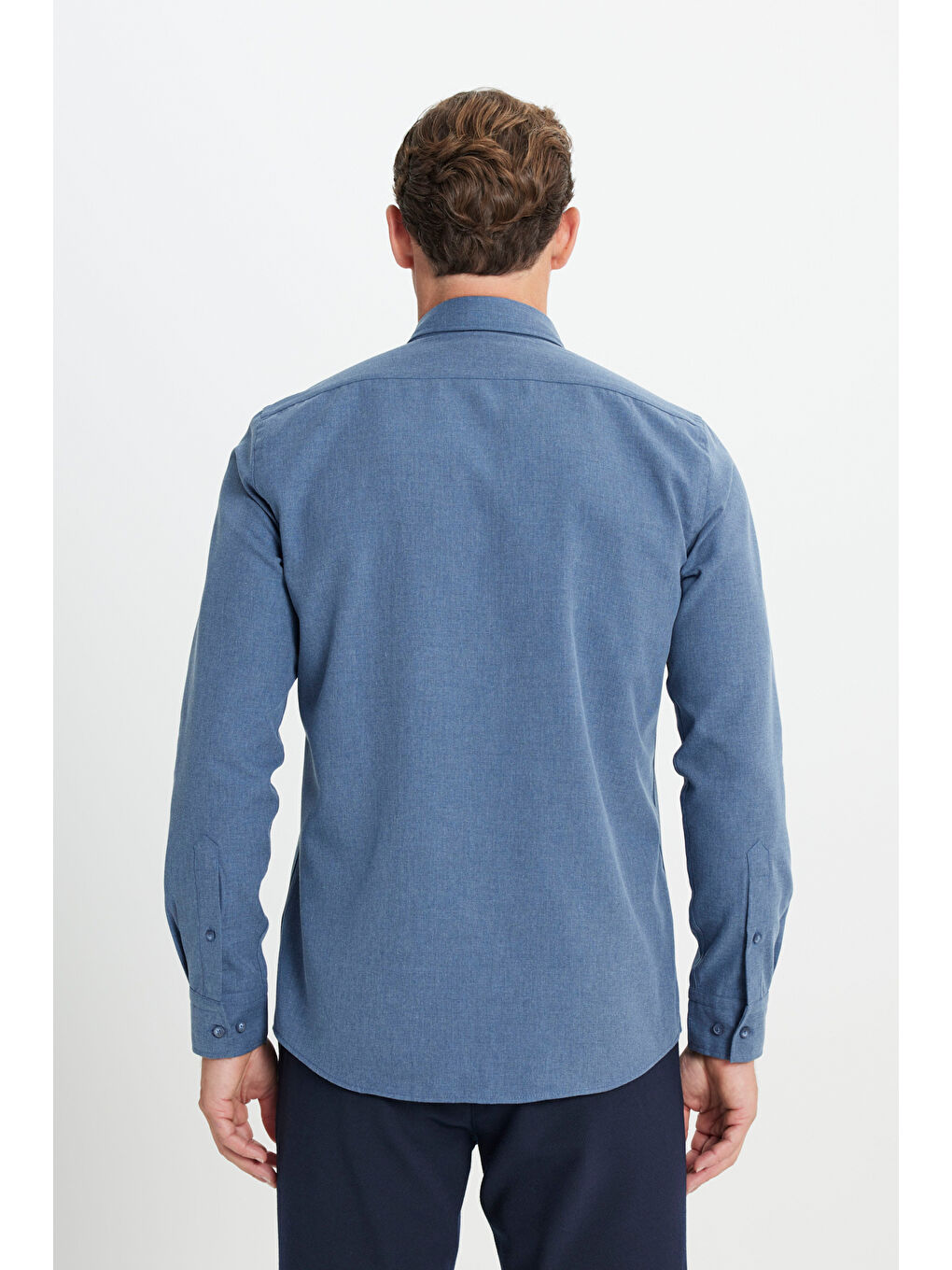 Erkek Lacivert Slim Fit Dar Kesim Düğmeli Yaka Flanel Oduncu Kışlık Gömlek-5