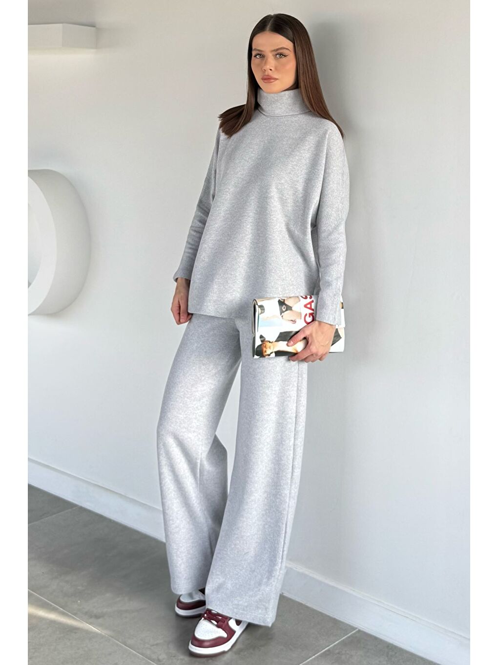 Gri Balıkçı Yaka Salaş Bluz Pantolon İkili Takım-1