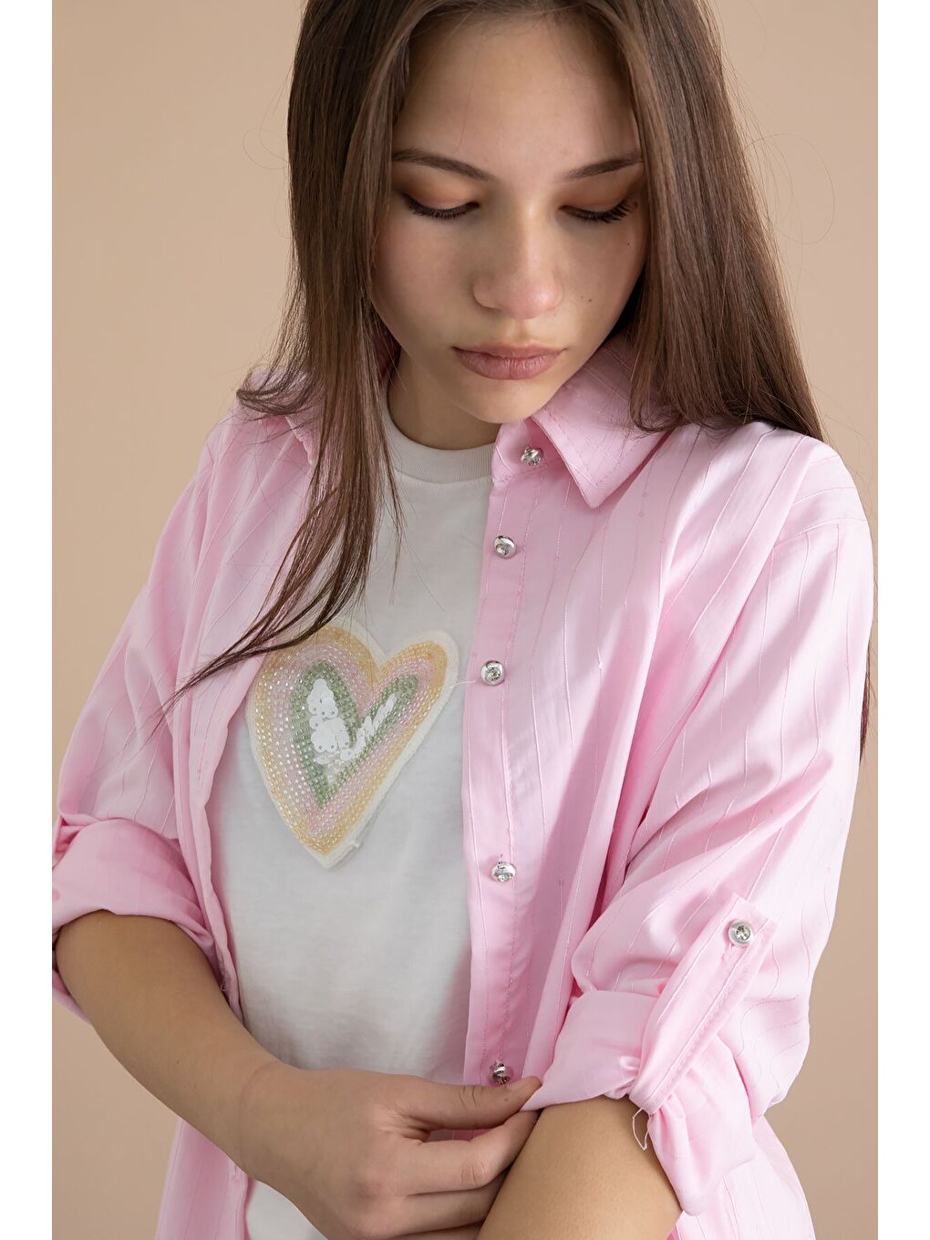 Pembe Çizgi Desen Gömlekli Geniş Paça Pantolonlu Badili Kız Çocuk 3lü Takım 24078-1