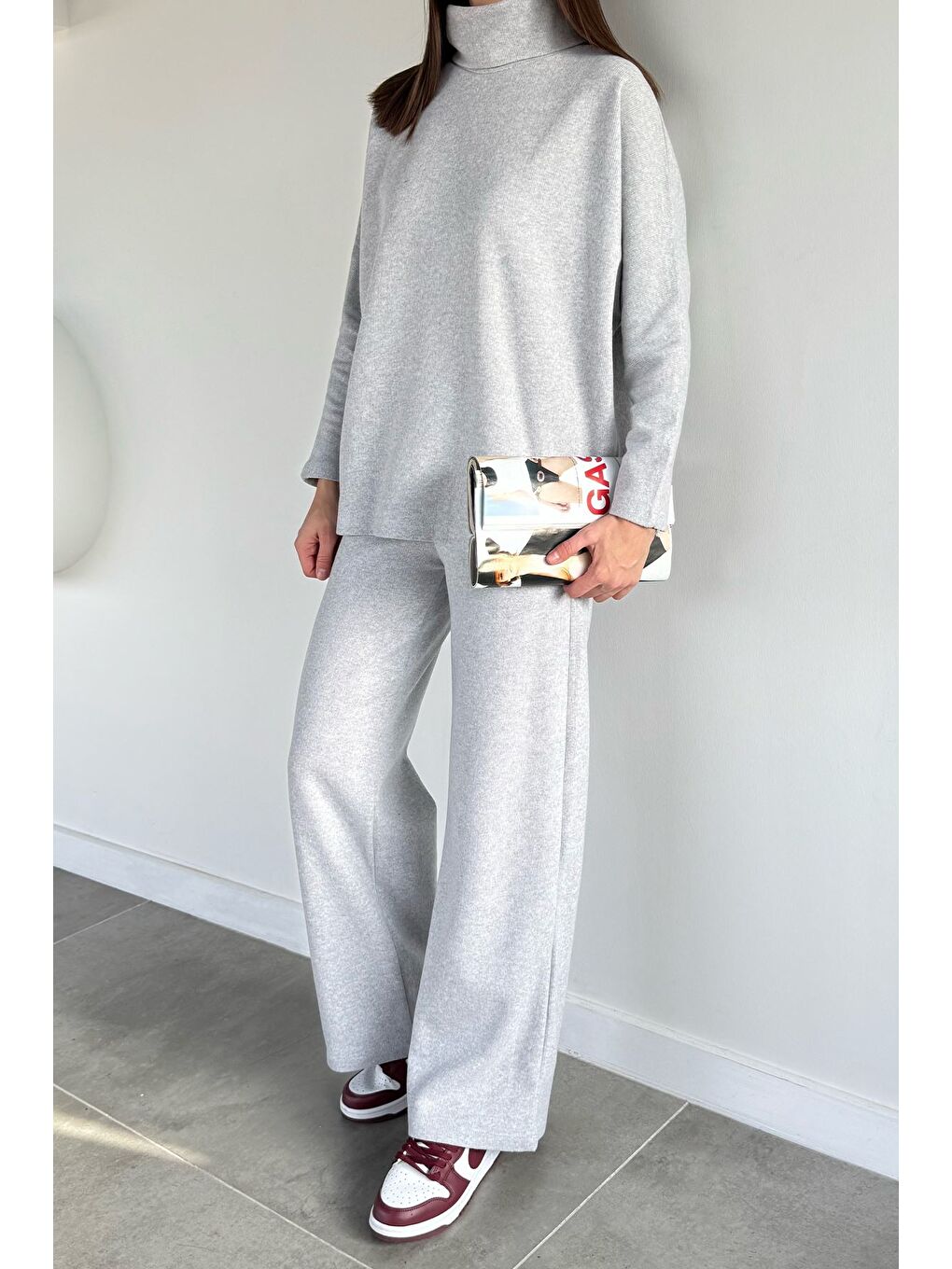Gri Balıkçı Yaka Salaş Bluz Pantolon İkili Takım-2