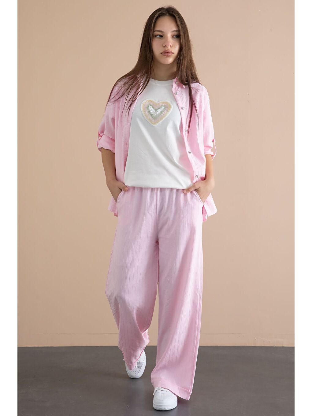 Pembe Çizgi Desen Gömlekli Geniş Paça Pantolonlu Badili Kız Çocuk 3lü Takım 24078-2
