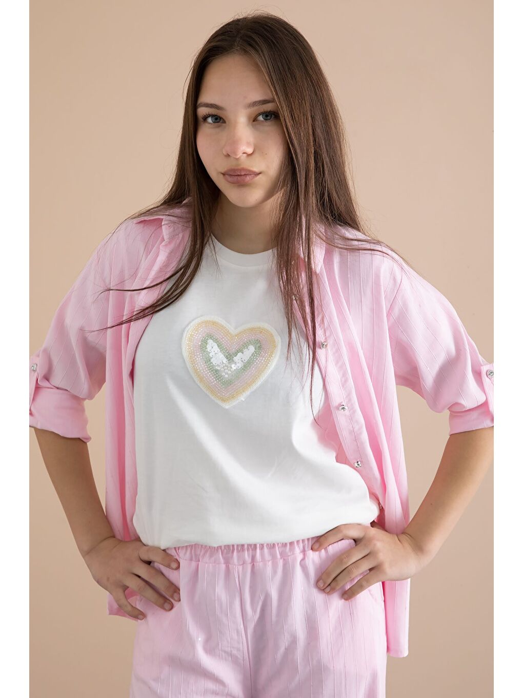 Pembe Çizgi Desen Gömlekli Geniş Paça Pantolonlu Badili Kız Çocuk 3lü Takım 24078-3