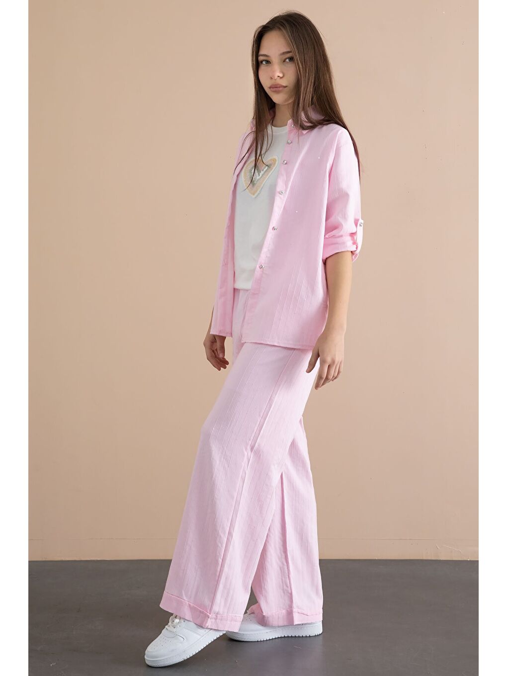 Pembe Çizgi Desen Gömlekli Geniş Paça Pantolonlu Badili Kız Çocuk 3lü Takım 24078-4