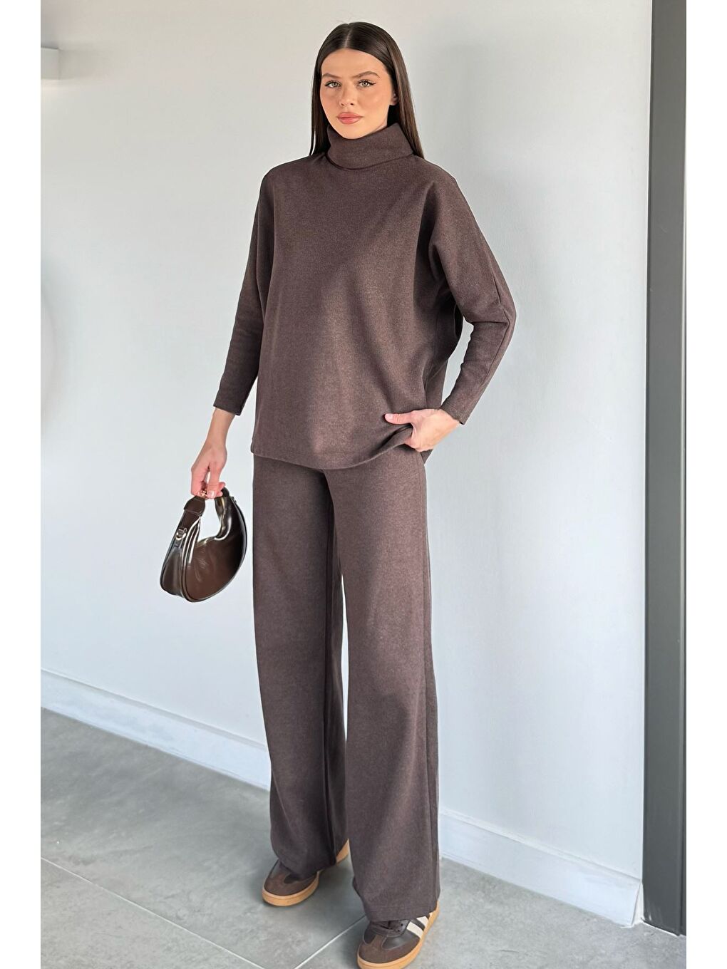 Kahverengi Balıkçı Yaka Salaş Bluz Pantolon İkili Takım-2