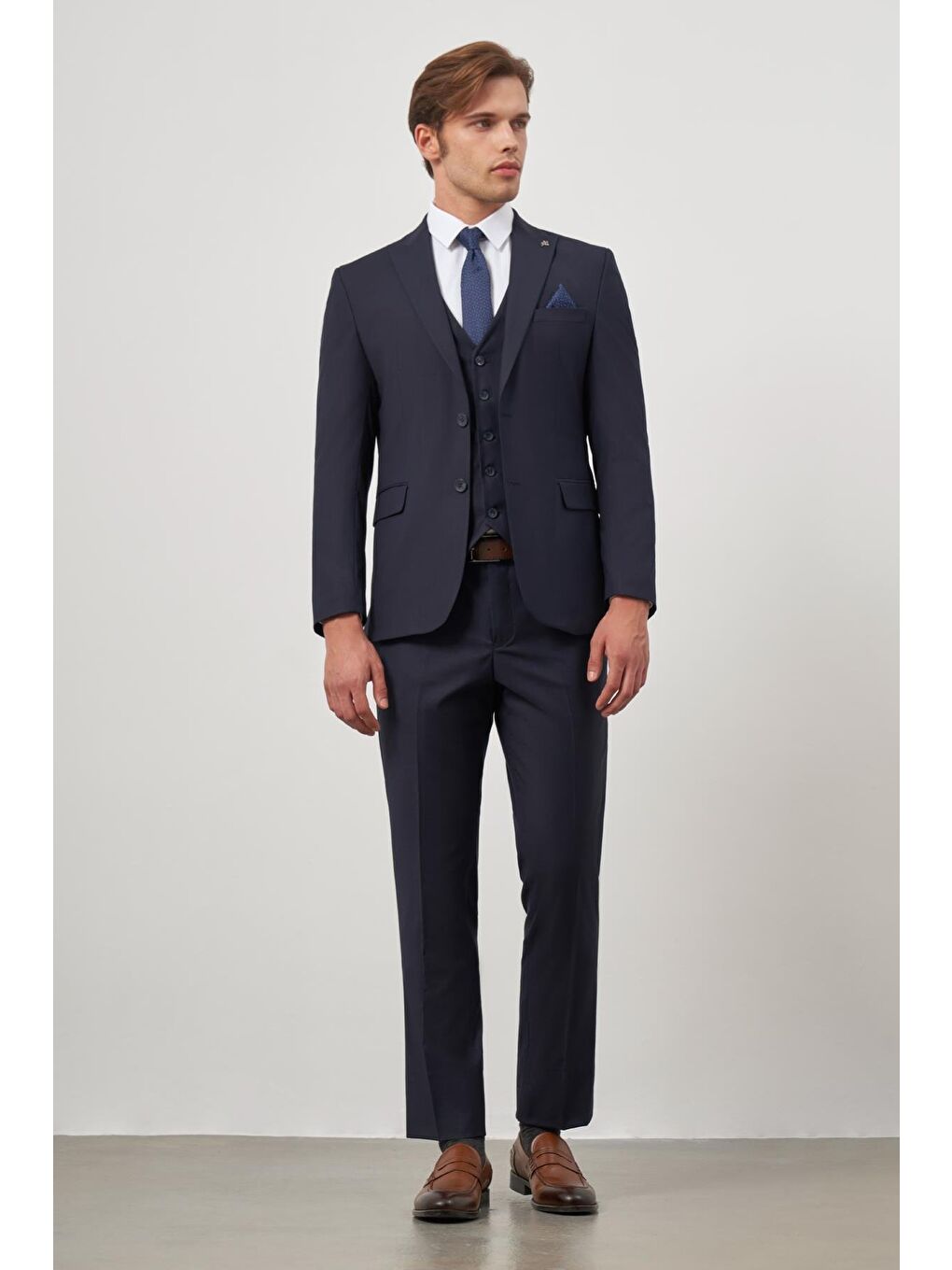 Koyu Lacivert Düz Kılıç Yaka Yelekli 6 Drop Slim Fit Classic Takım Elbise 1001245151-1