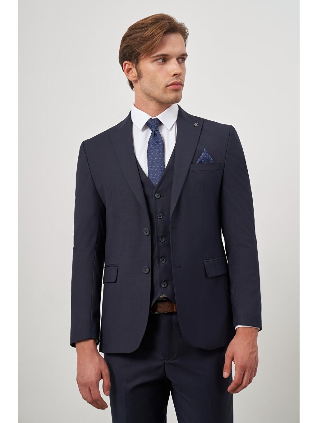 Koyu Lacivert Düz Kılıç Yaka Yelekli 6 Drop Slim Fit Classic Takım Elbise 1001245151-2