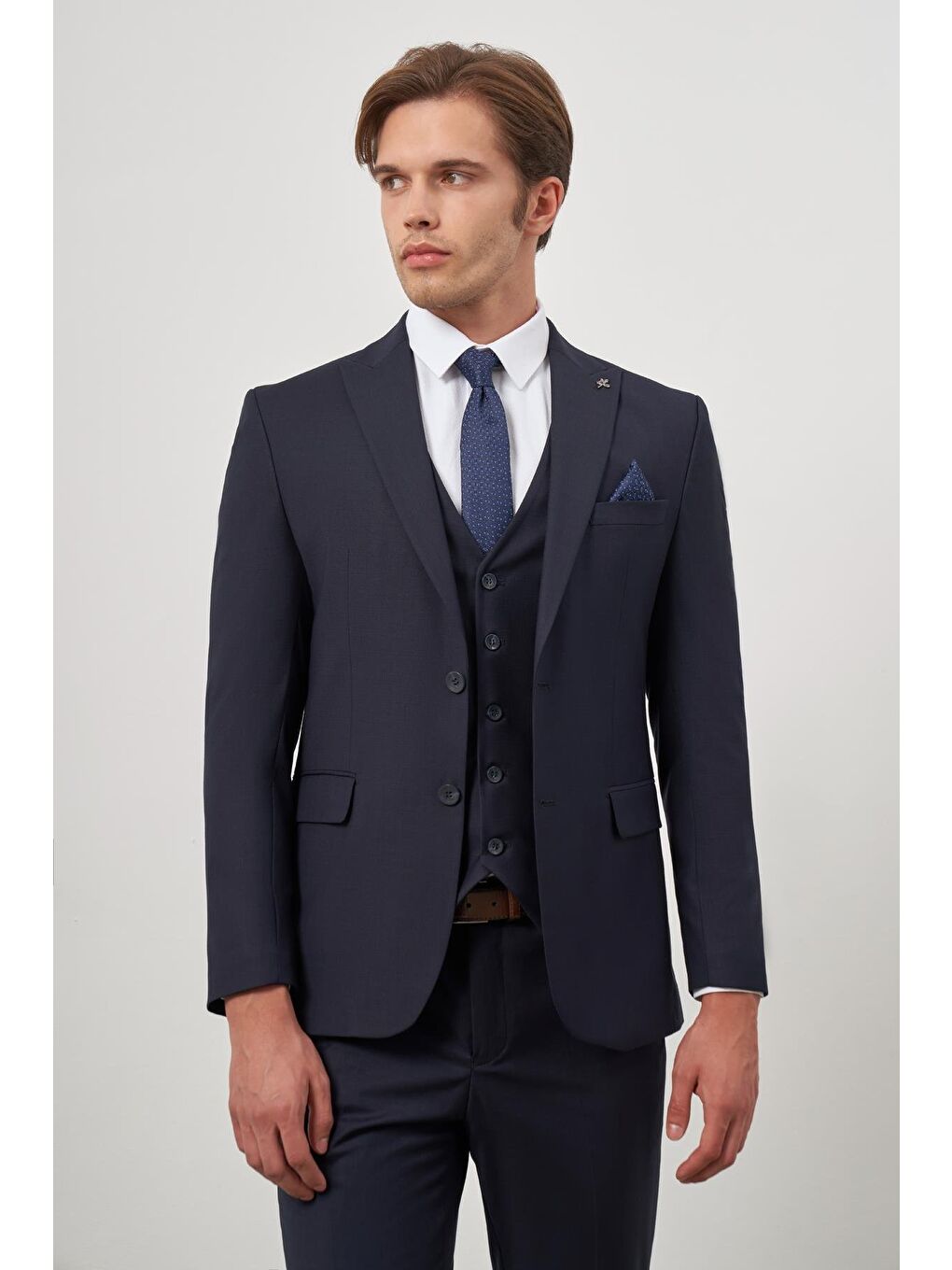 Koyu Lacivert Düz Kılıç Yaka Yelekli 6 Drop Slim Fit Classic Takım Elbise 1001245151-3