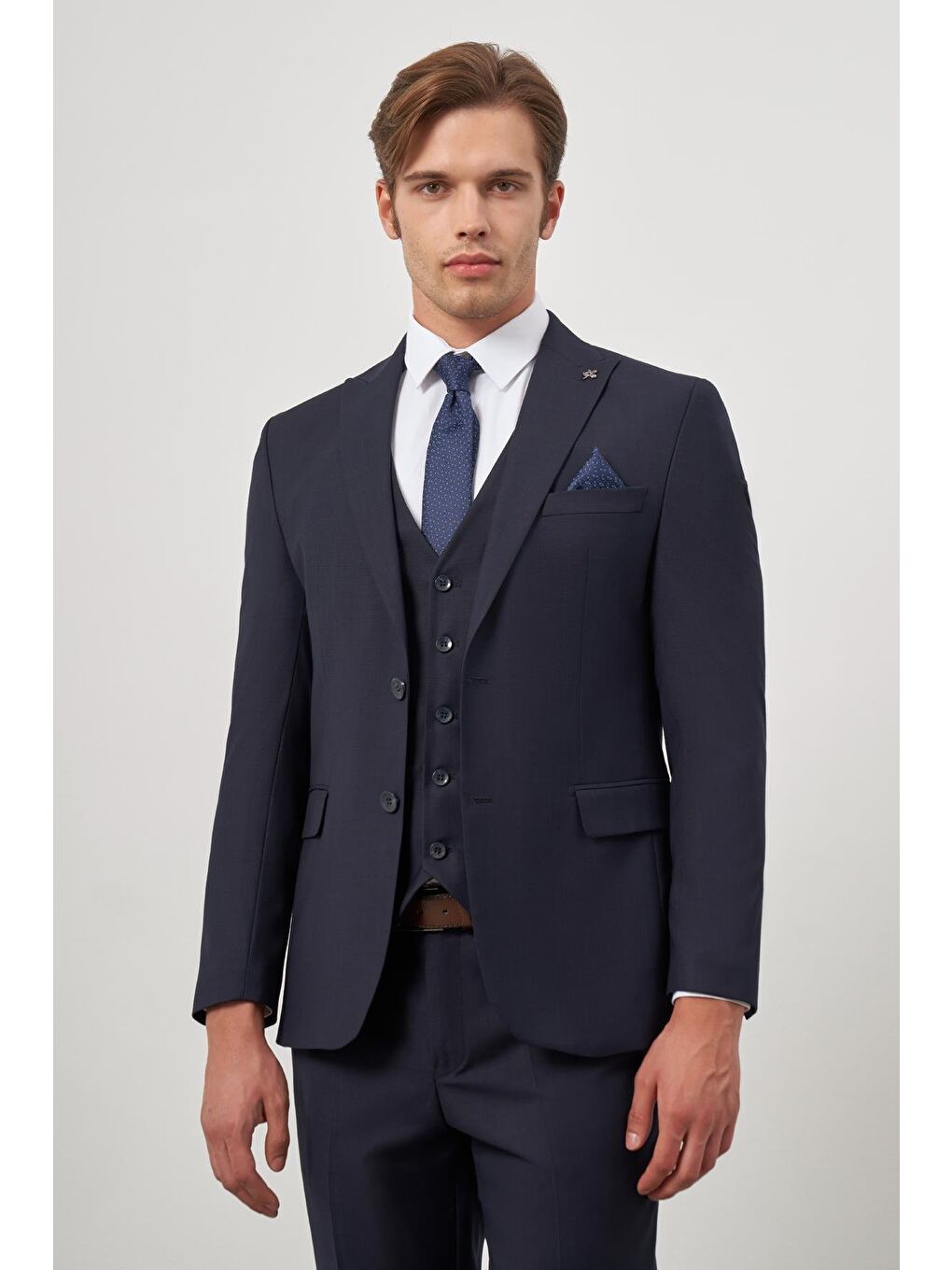 Koyu Lacivert Düz Kılıç Yaka Yelekli 6 Drop Slim Fit Classic Takım Elbise 1001245151-4