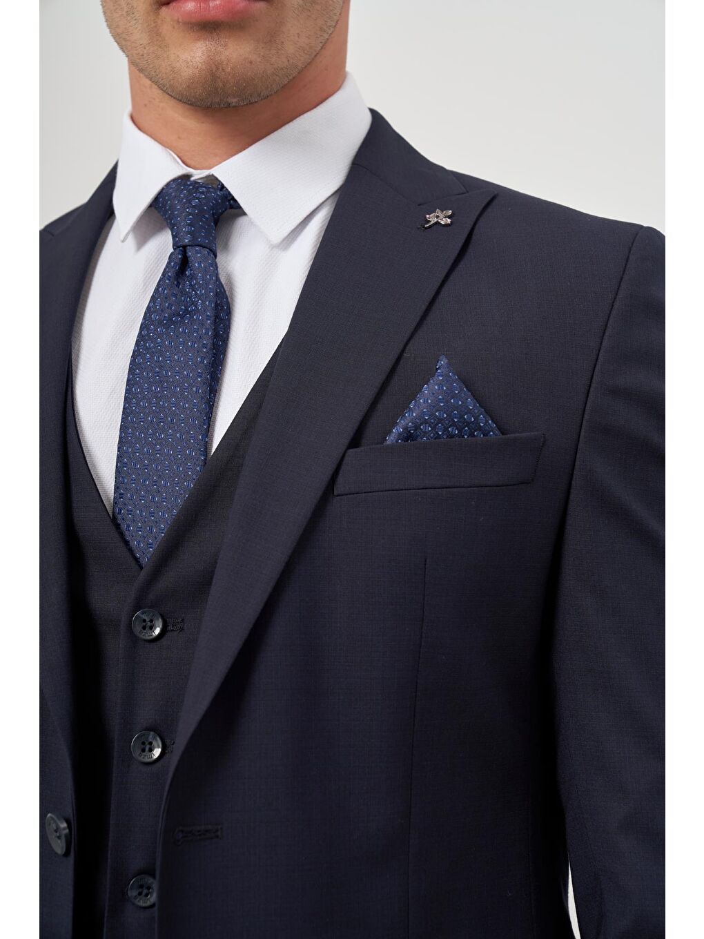 Koyu Lacivert Düz Kılıç Yaka Yelekli 6 Drop Slim Fit Classic Takım Elbise 1001245151-5