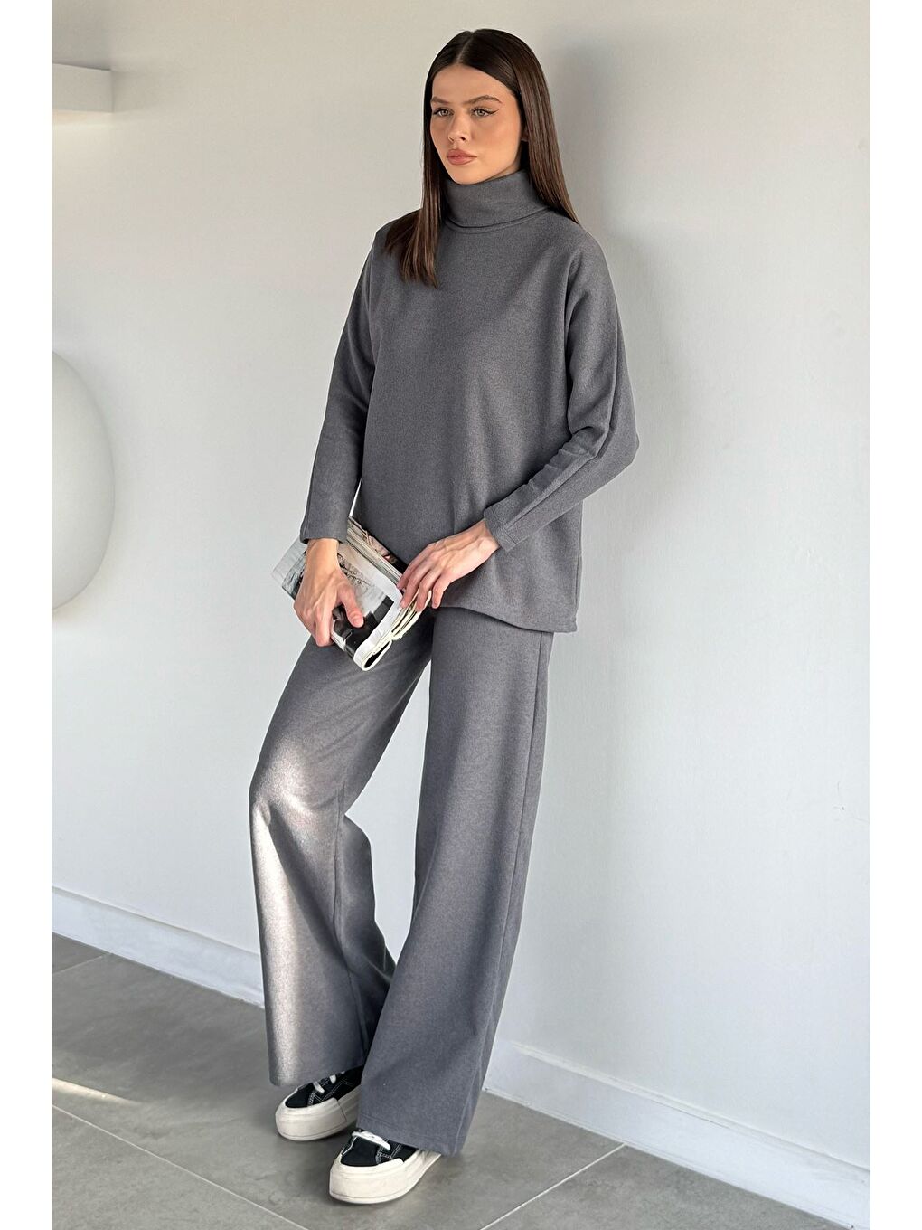 Gri Balıkçı Yaka Salaş Bluz Pantolon İkili Takım-1