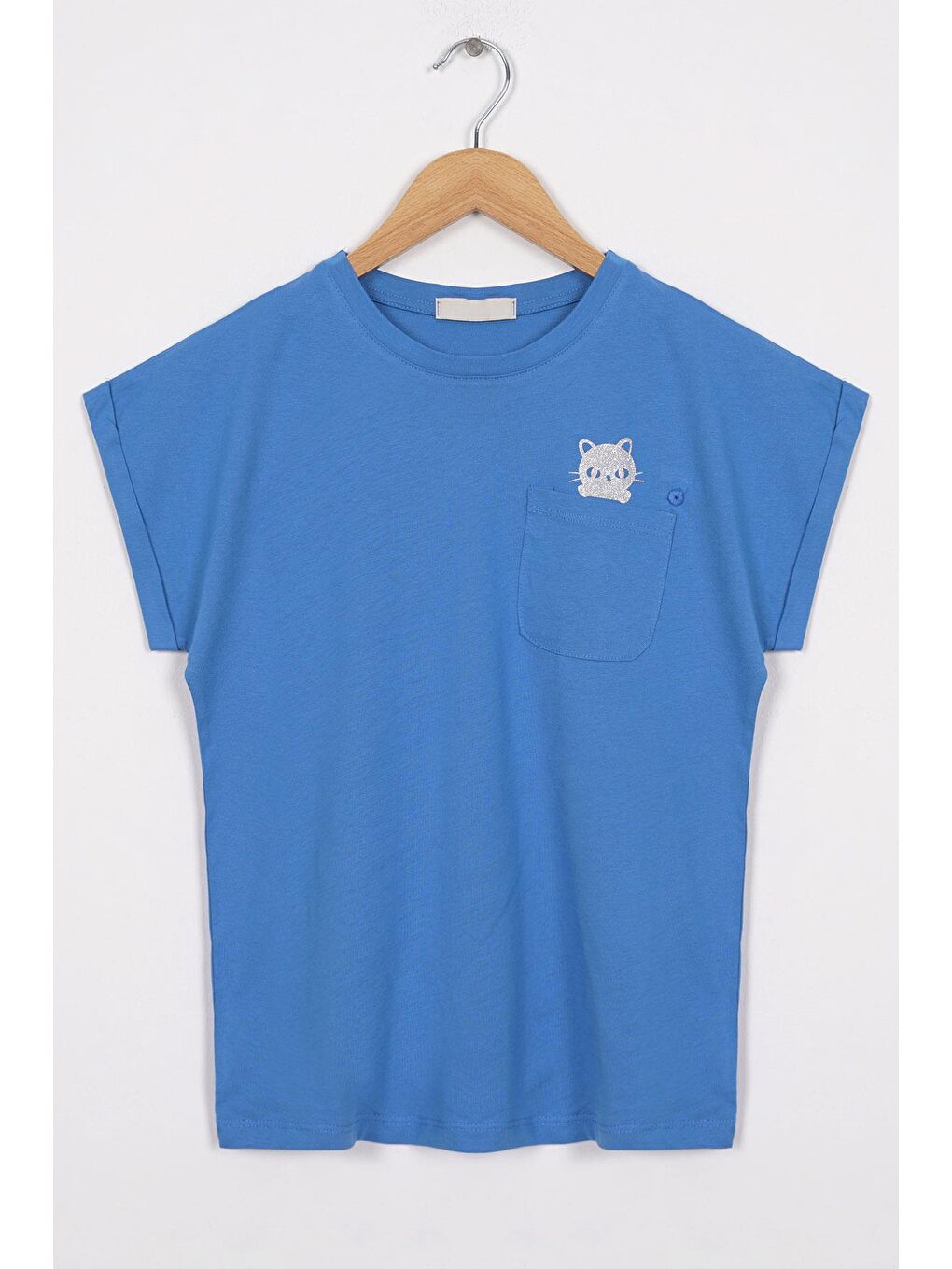 İndigo Bisiklet Yaka Kısa Kol Cep Detaylı Simli Kedi Baskılı Indigo Renk Kız Çocuk Tshirt