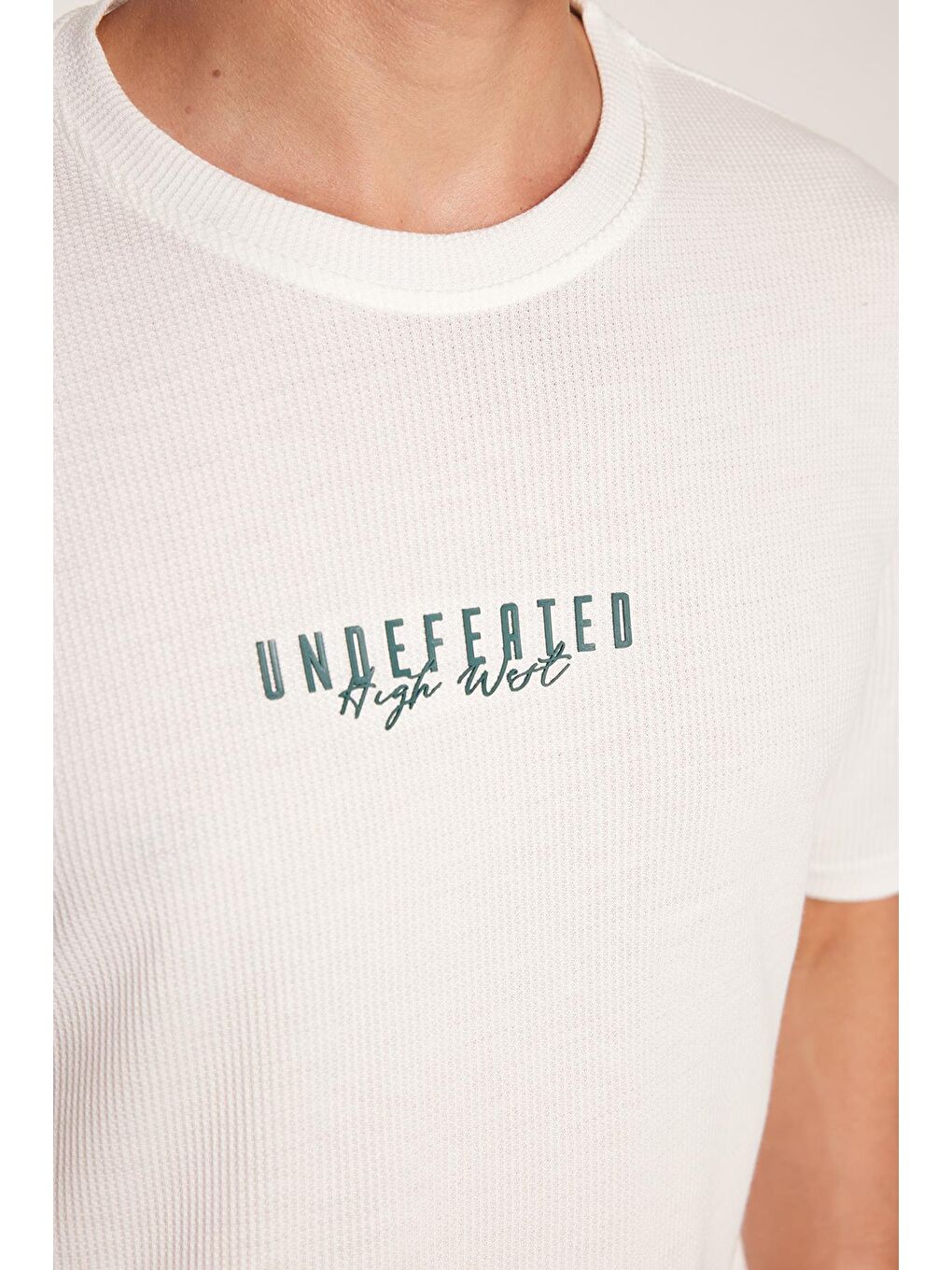 Erkek Standart Fit Pamuklu Düz Basic Bisiklet Yaka Baskılı Beyaz Tişört-2