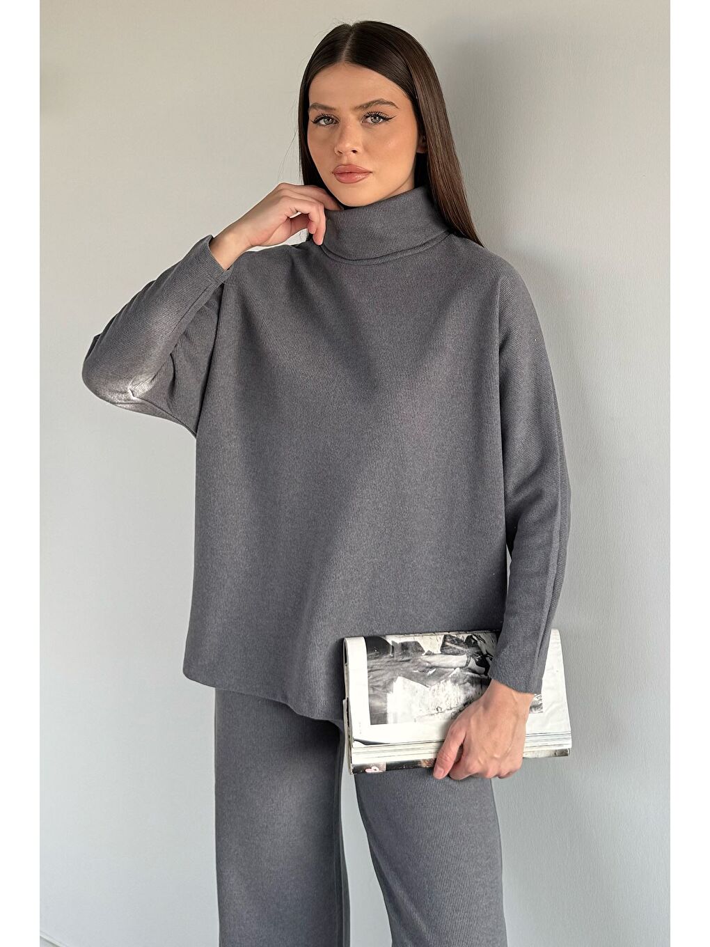 Gri Balıkçı Yaka Salaş Bluz Pantolon İkili Takım-2