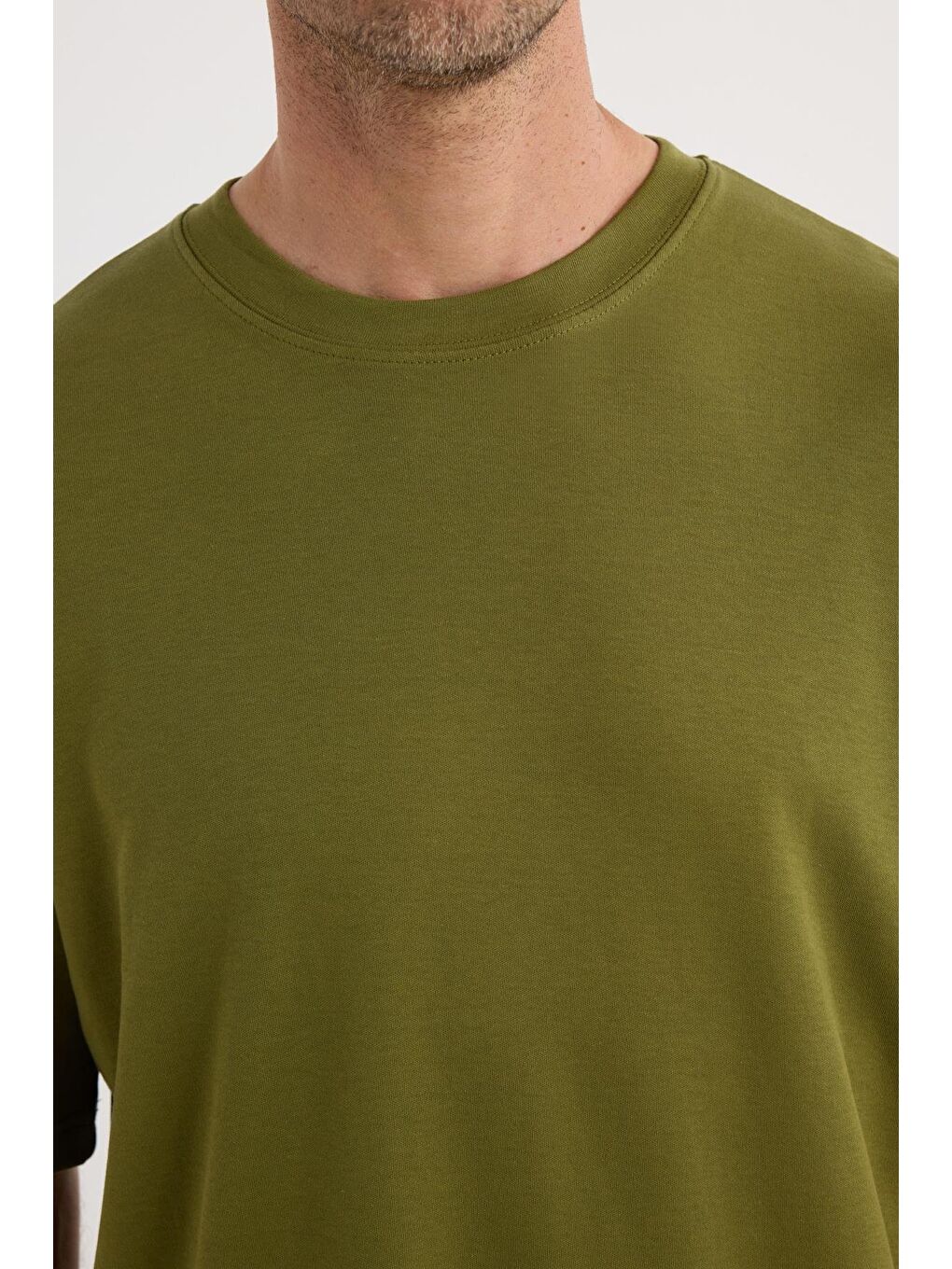 Unisex Oversize Geniş Kesim %100 Pamuk Yumuşak Dokulu Basic Bisiklet Yaka Haki Tişört-2