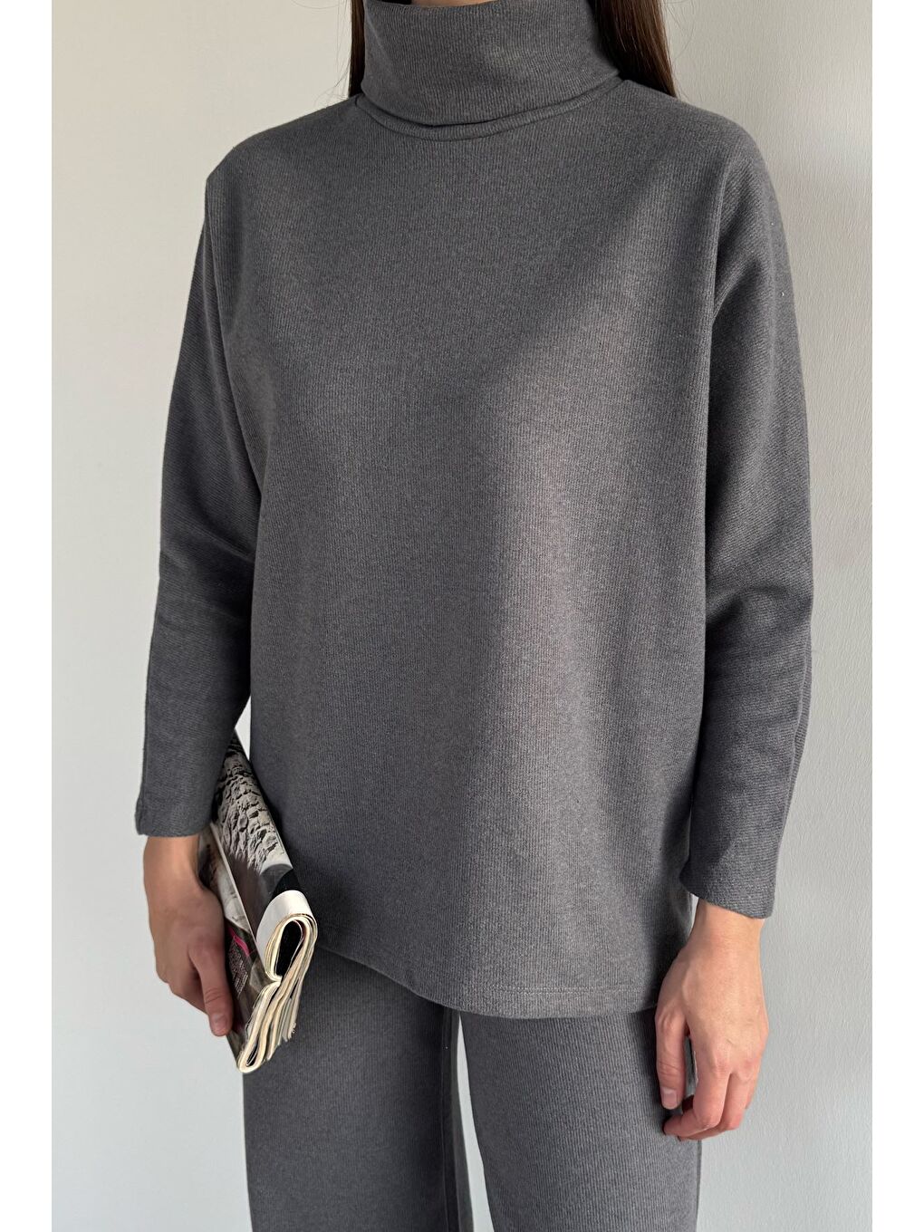 Gri Balıkçı Yaka Salaş Bluz Pantolon İkili Takım-3