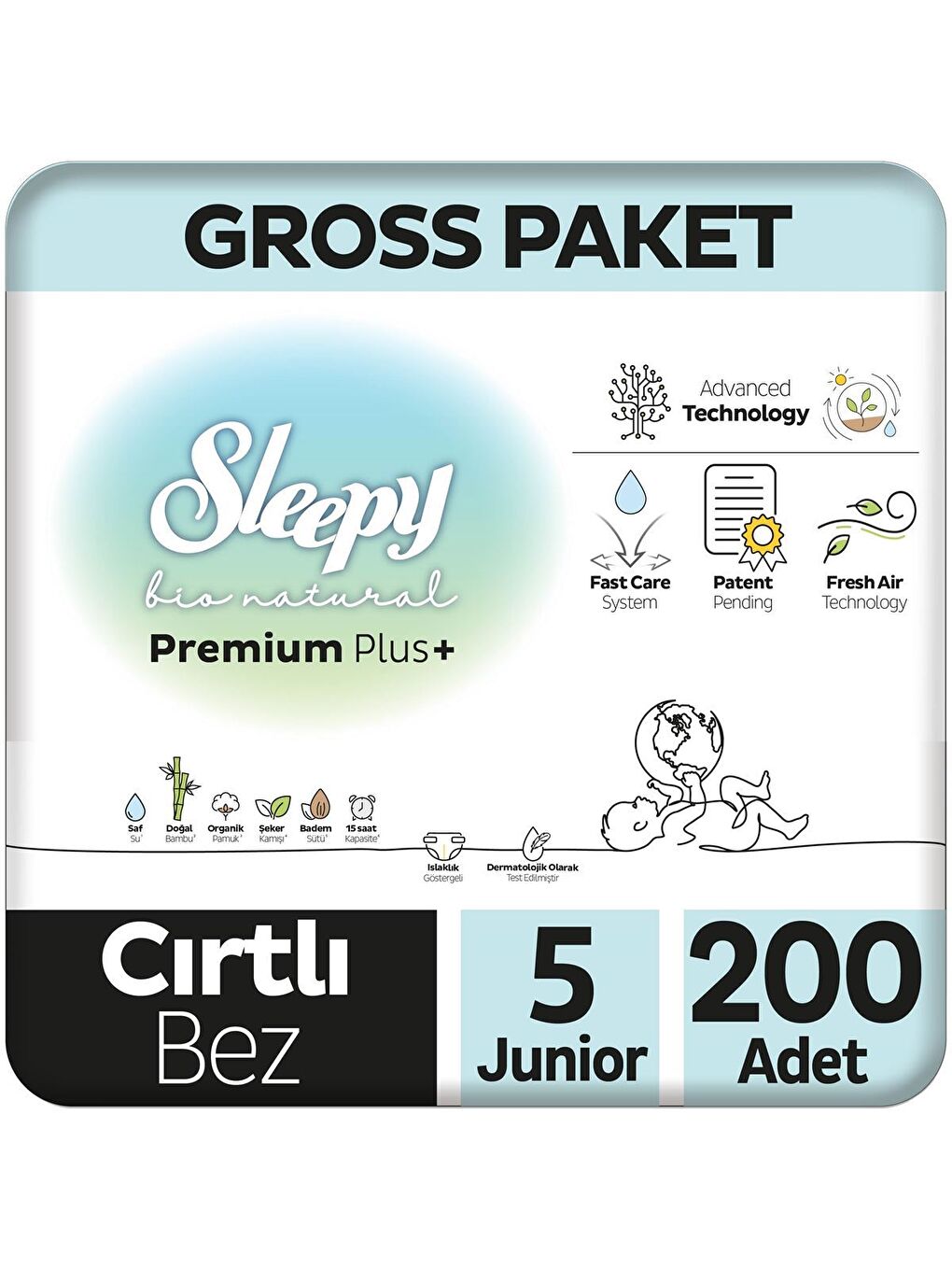 Sleepy Beyaz Bio Natural Premium Plus Gross Paket Bebek Bezi 5 Numara Junior 200 Adet