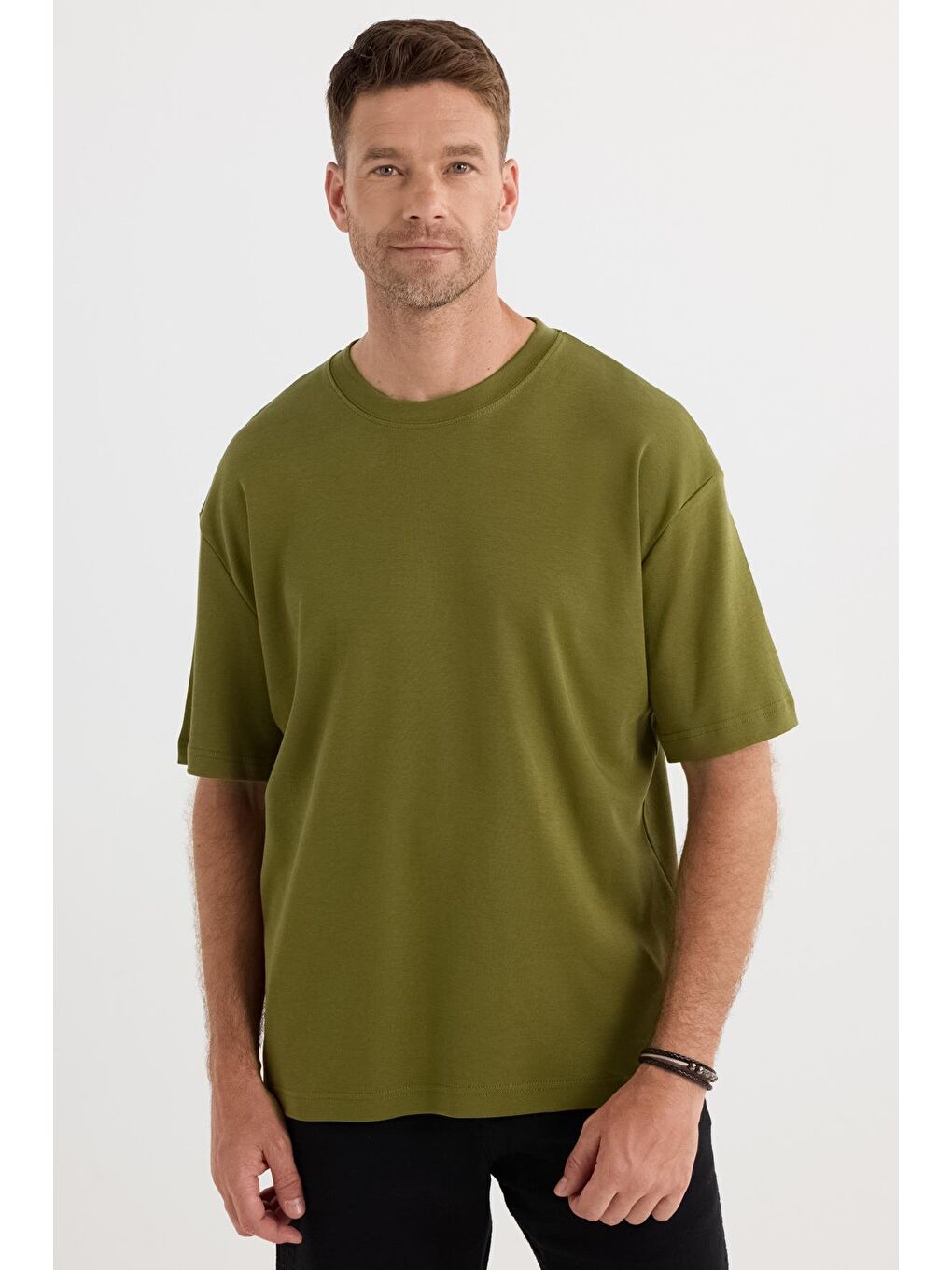 Unisex Oversize Geniş Kesim %100 Pamuk Yumuşak Dokulu Basic Bisiklet Yaka Haki Tişört-3