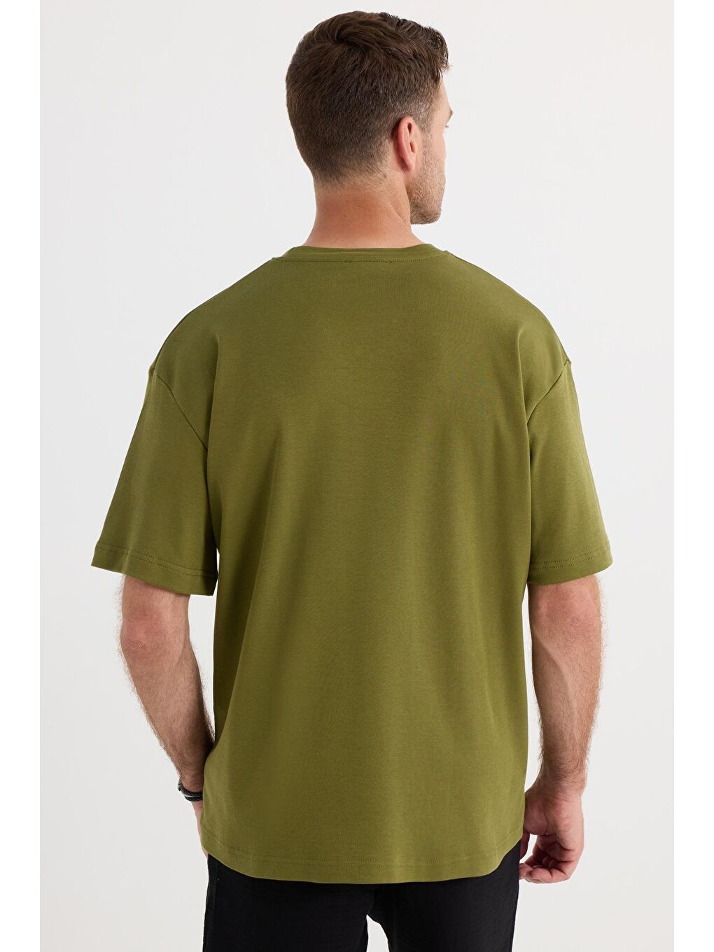 Unisex Oversize Geniş Kesim %100 Pamuk Yumuşak Dokulu Basic Bisiklet Yaka Haki Tişört-6