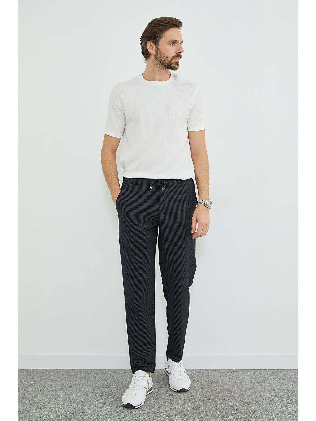 Lacivert Çizgili Duble Paça Beli Bağlamalı Pantolon