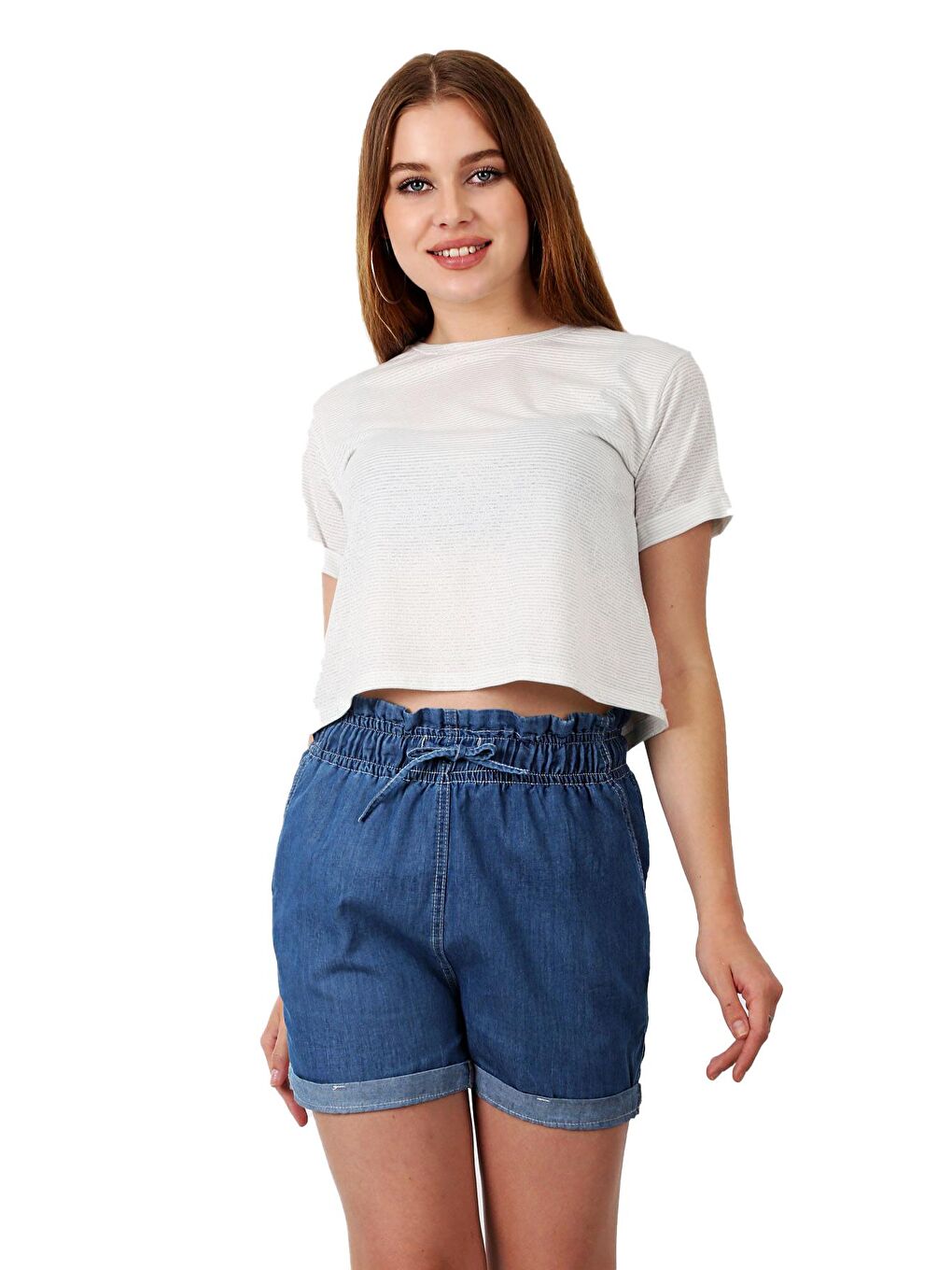 Mavi Kadın Beli Lastikli Denim Şort