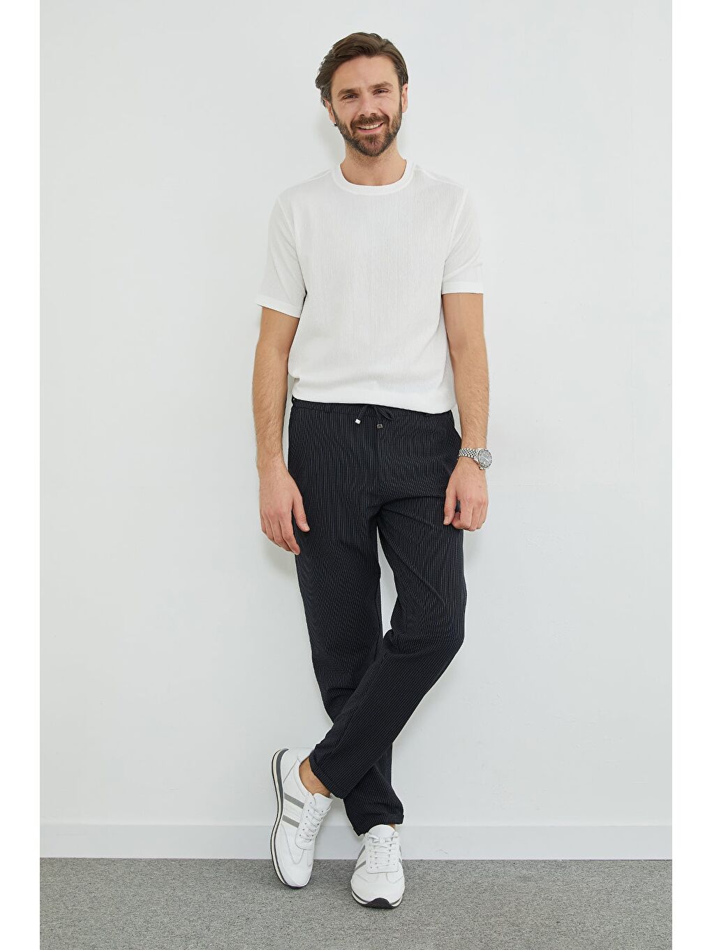 Lacivert Çizgili Duble Paça Beli Bağlamalı Pantolon-1