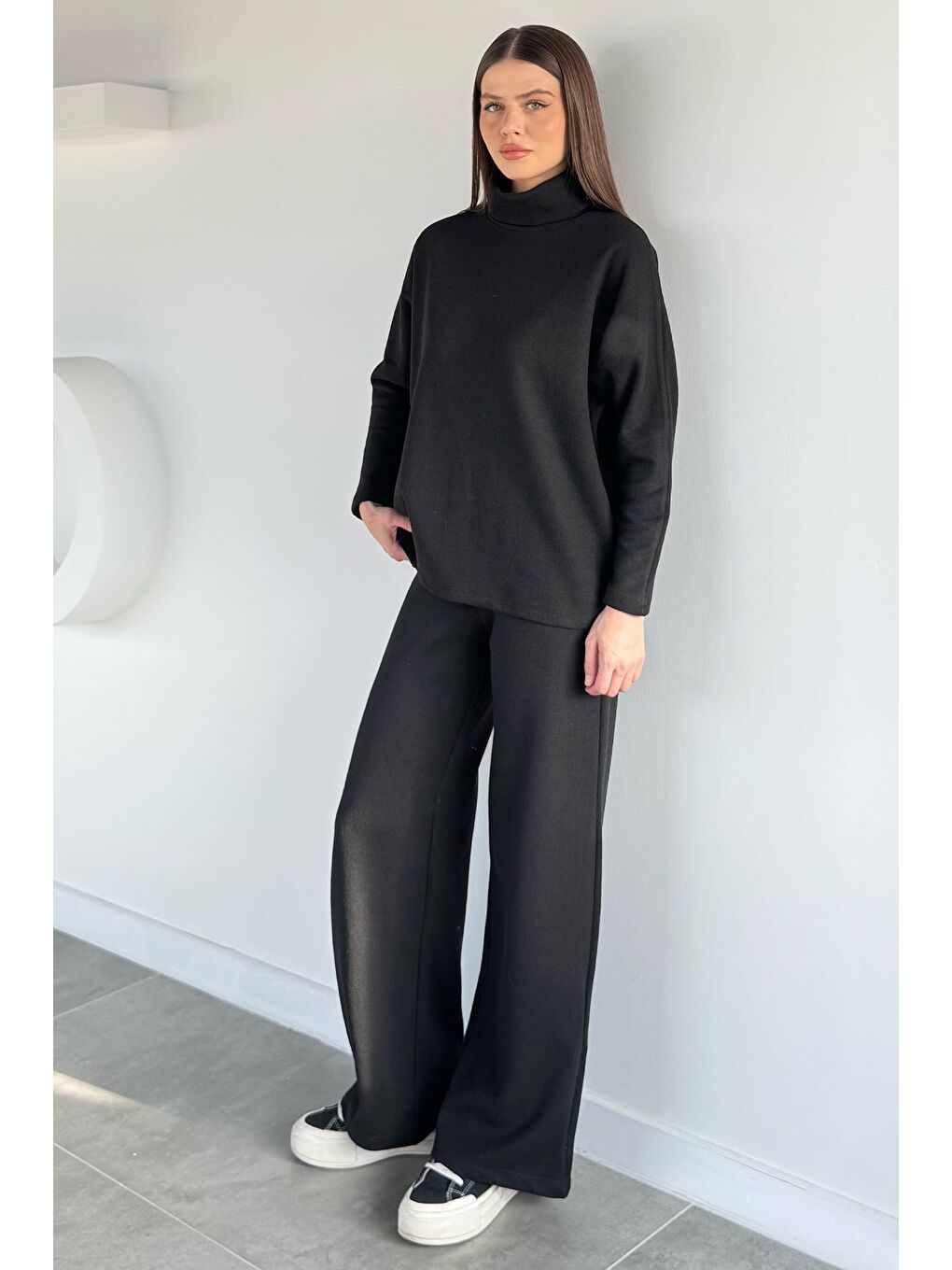 Siyah Balıkçı Yaka Salaş Bluz Pantolon İkili Takım