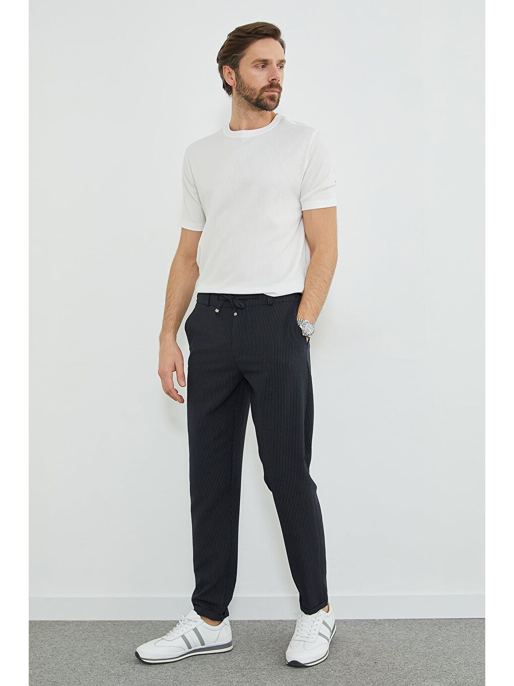 Lacivert Çizgili Duble Paça Beli Bağlamalı Pantolon-2