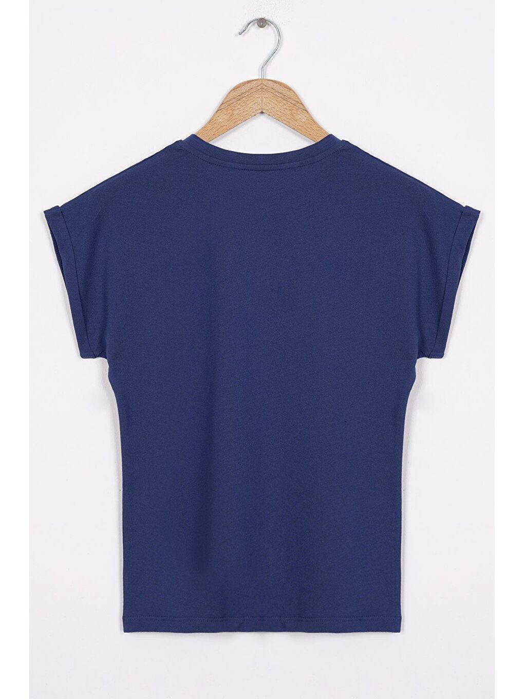 Bisiklet Yaka Kısa Kol Cep Detaylı Simli Kedi Baskılı Lacivert Renk Kız Çocuk Tshirt-2