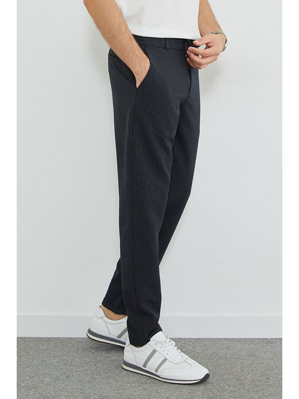 Lacivert Çizgili Duble Paça Beli Bağlamalı Pantolon-3