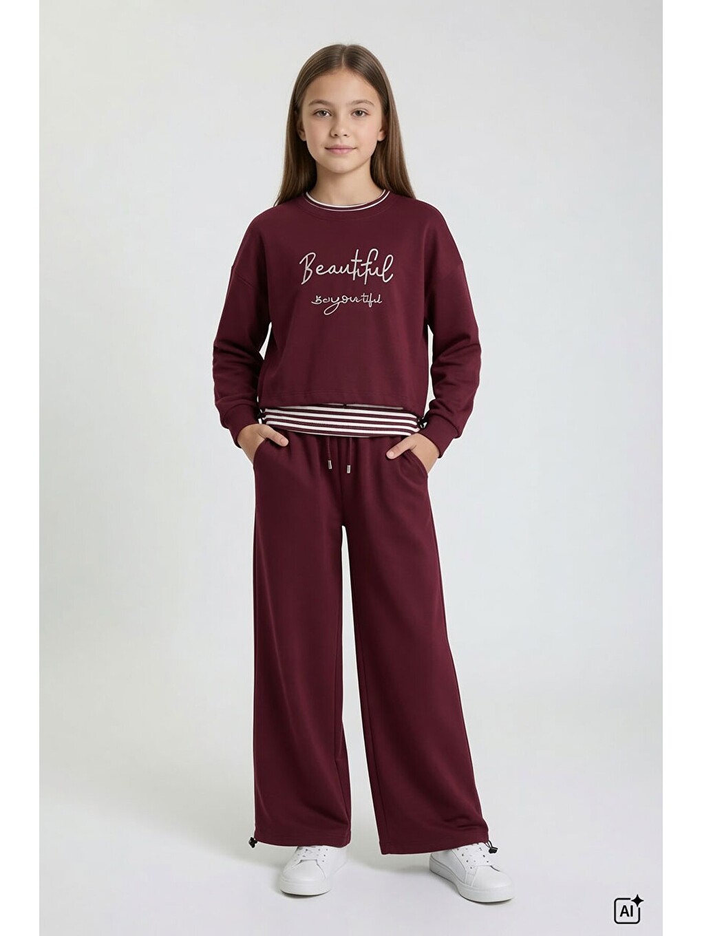 Bordo Kız Çocuk Çizgili Croplu Sweatshirt 3lü Geniş Paça Eşofman Takımı 24778-1