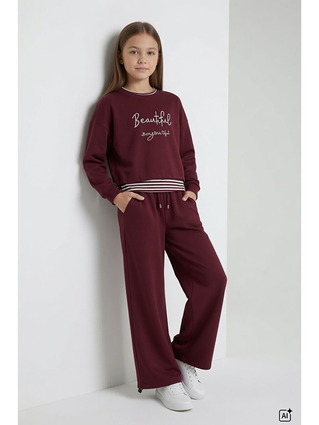 Bordo Kız Çocuk Çizgili Croplu Sweatshirt 3lü Geniş Paça Eşofman Takımı 24778-2