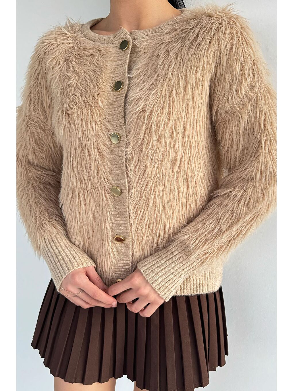 Bej Kadın Ön Düğmeli Sakallı Triko Ceket