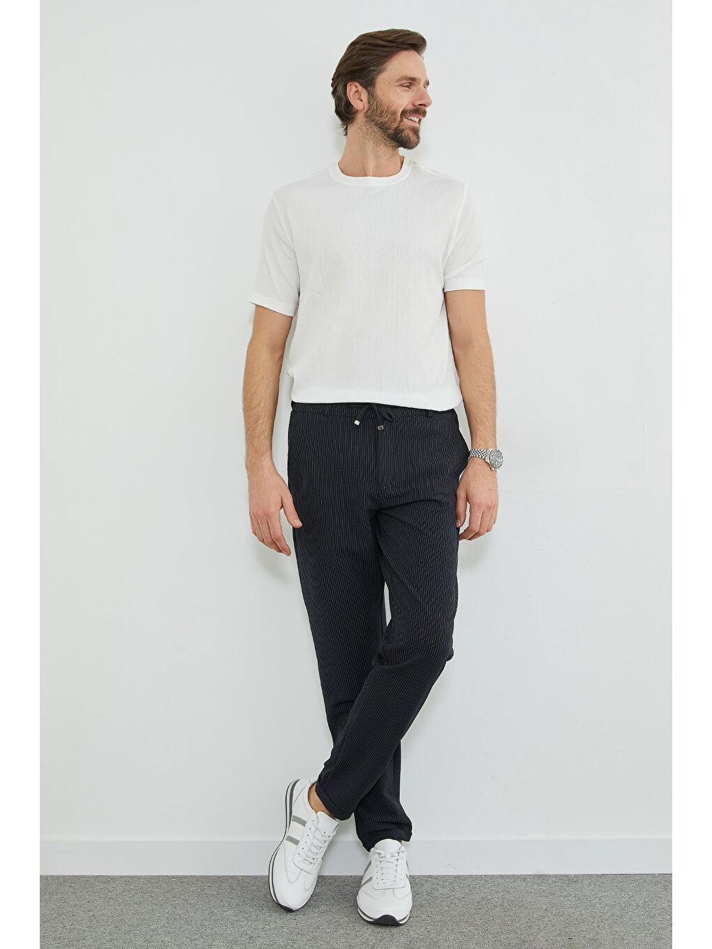 Lacivert Çizgili Duble Paça Beli Bağlamalı Pantolon-4