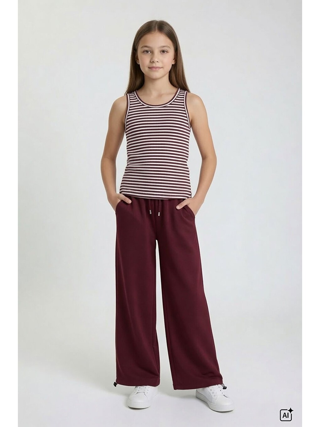 Bordo Kız Çocuk Çizgili Croplu Sweatshirt 3lü Geniş Paça Eşofman Takımı 24778-3